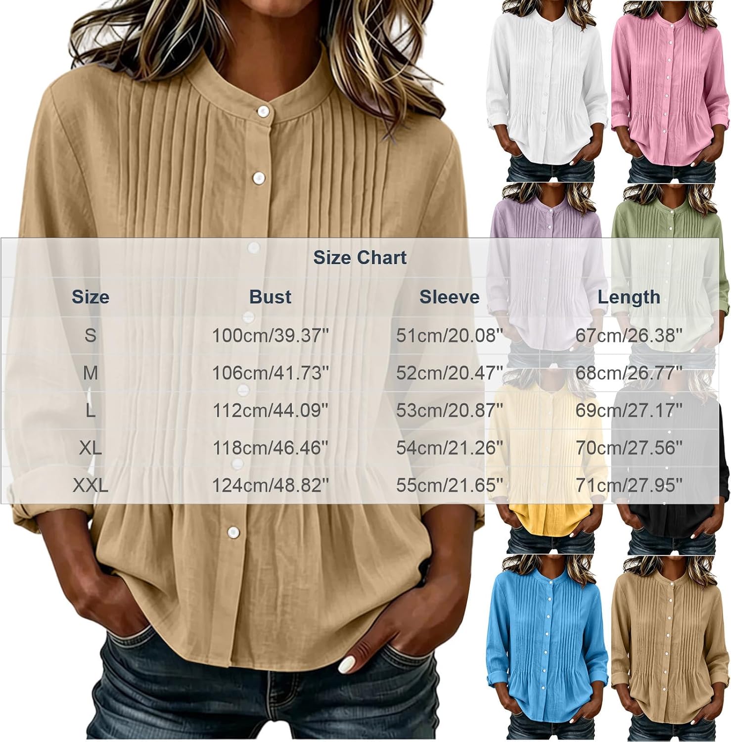 Womens Pintuck Blouses Stand Collar Pleated Shirts | Elegant Mandarin Collar, Vertical Chest Pleats, Classic Button Down, Lightweight Slub Fabric, Smart Office Wear