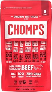 Chomps Original Beef Jerky Snack Sticks, 8 Pack - Grass-Fed, 10g Protein, Zero Sugar Keto Paleo Snacks