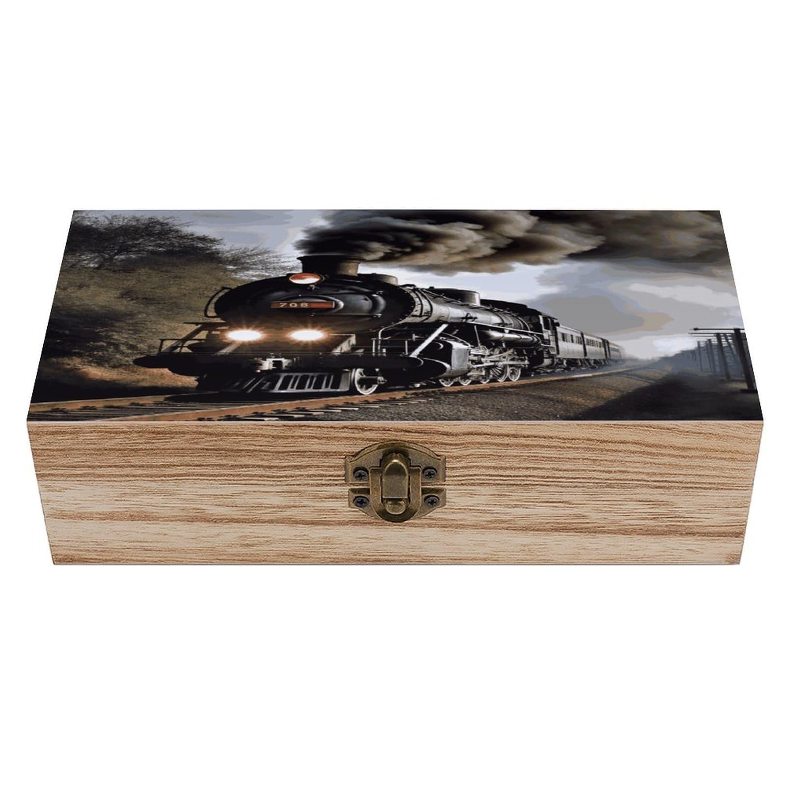 JTREHY Steam Train Wooden Keepsake Box Vintage-Style Wood Keepsake Case with Hinged Lid Solid Wood Boxes Beautifully Memory Treasure Case Vintage-Style Wooden Storage Box
