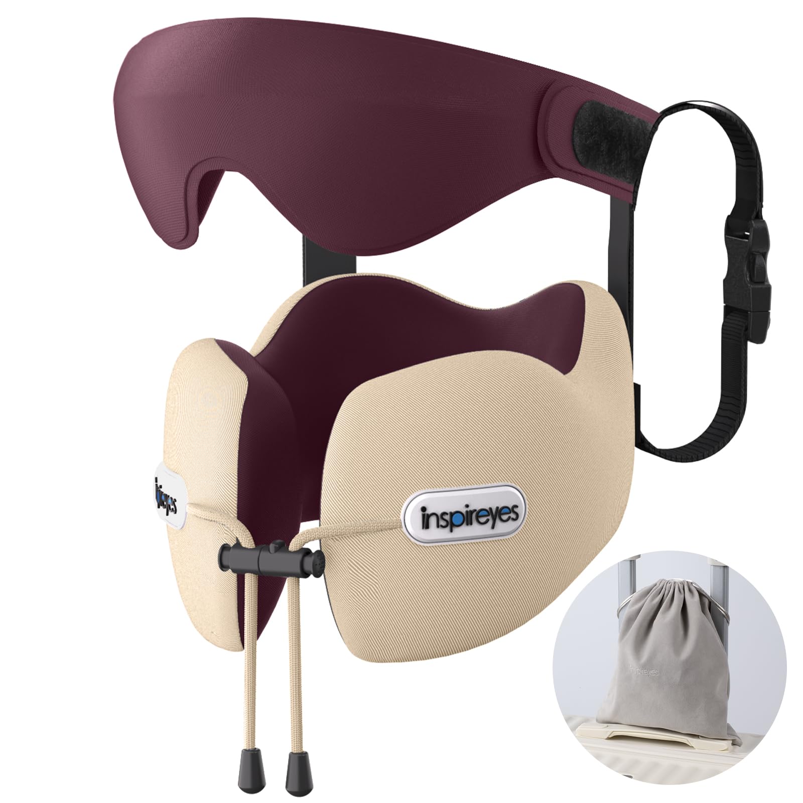 Inspireyes Nackenkissen, Reisekissen für Flugzeug, Reisekissen mit Sitzgurt und 3D Schlafmaske, Duale Nacken und Kopfstütze, Hochstützender Schaumstoff, 360° Flugzeug Kissen gegen Kopfnicken, Beige