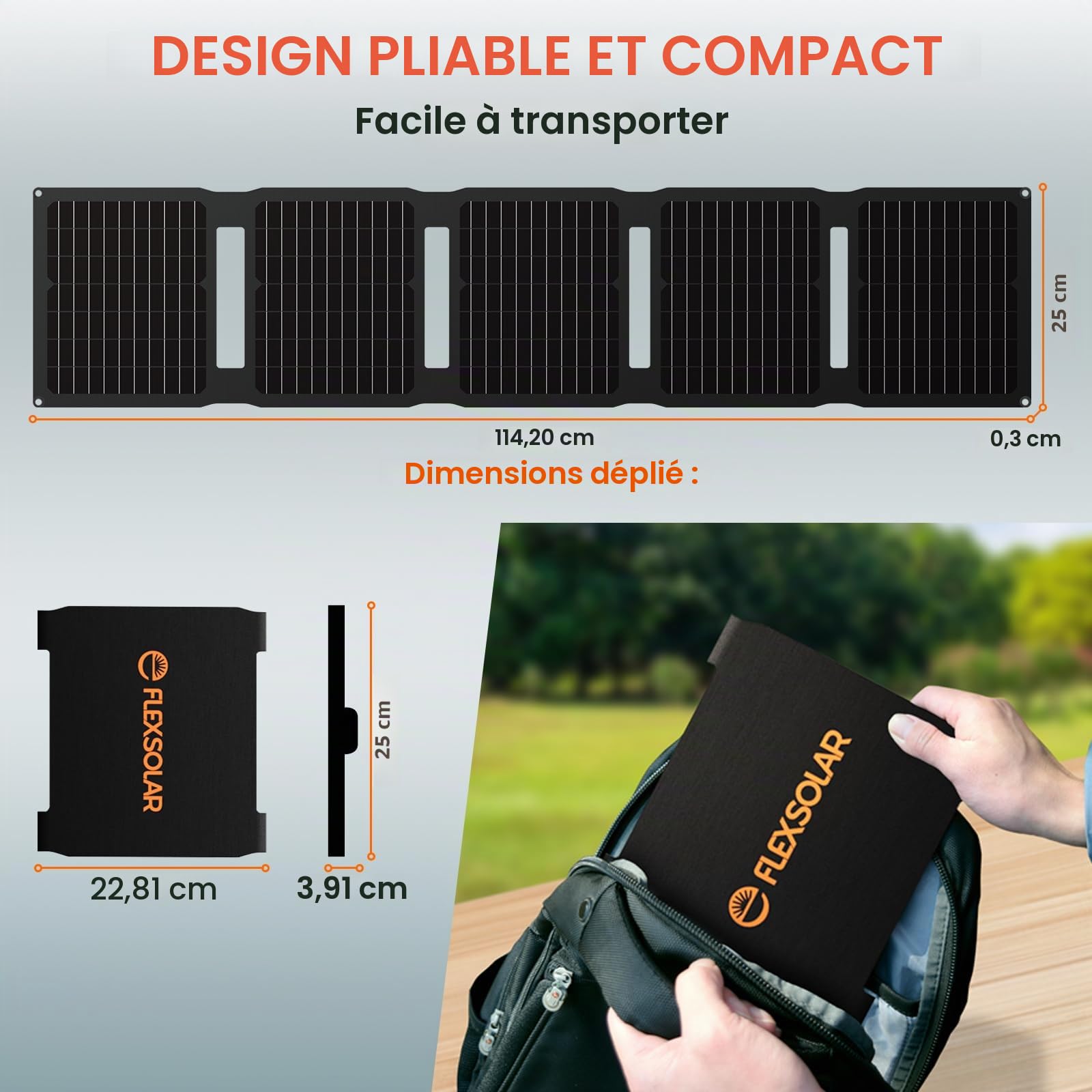 FlexSolar Panneau solaire 40 W, chargeur solaire amélioré PD2.0 USB-C, QC3.0 USB-A et panneau solaire DC IP67 étanche pour petites centrales électriques, téléphones, batteries externes
