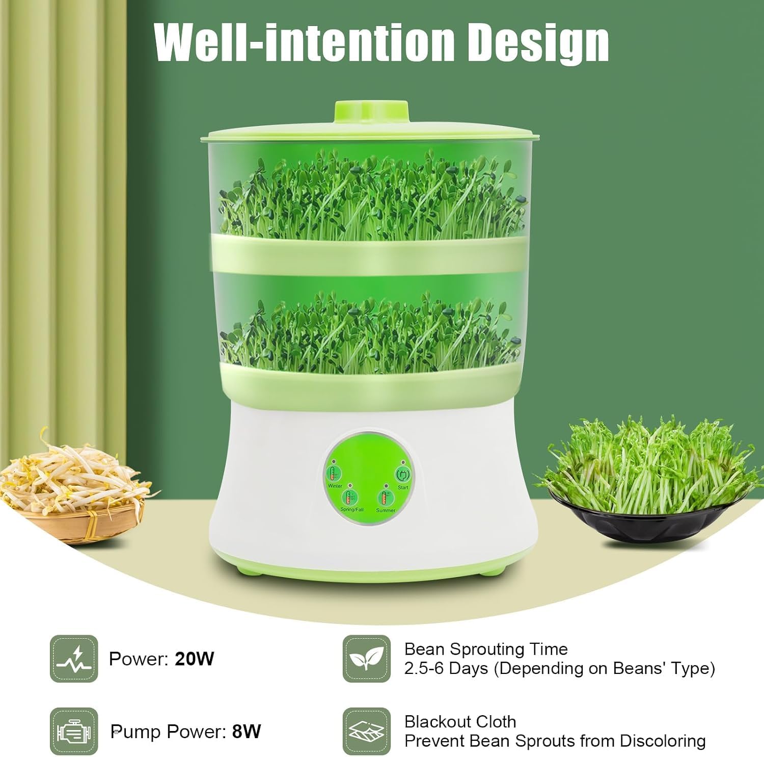 Germoir à soja à 3 Niveaux, kit de Germination Automatique, arroseur à 360°, 3 Modes saisonniers
