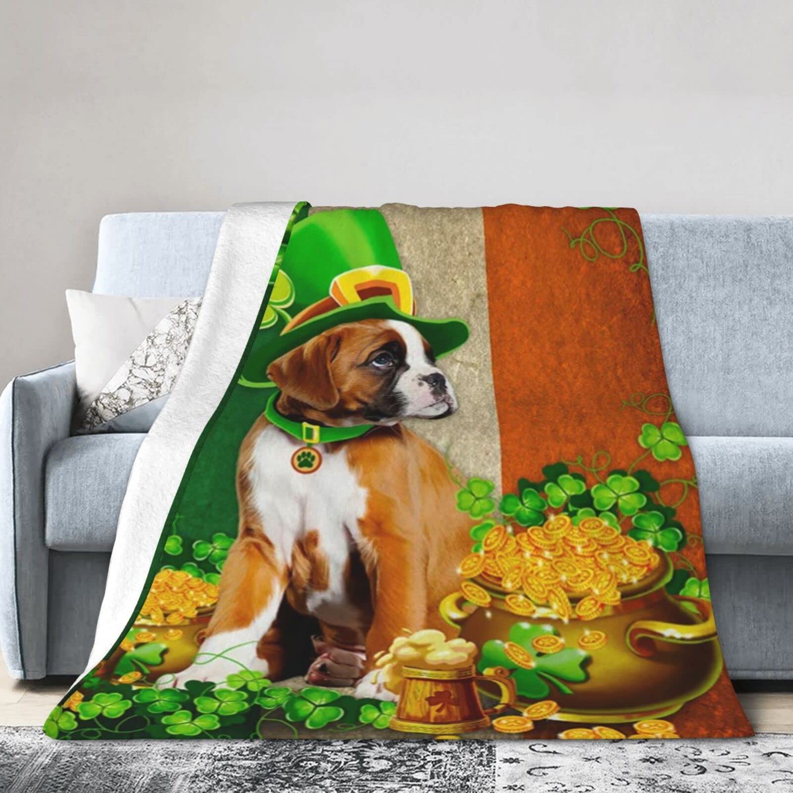 Lsjuee Flannel Fleece Blanket 50"X40" Saint Patrick‘s Day Boxer Irish Sofa Throw Blanket Quality Ultra-Soft Travel Spring Blankets for Mens Keep Warm