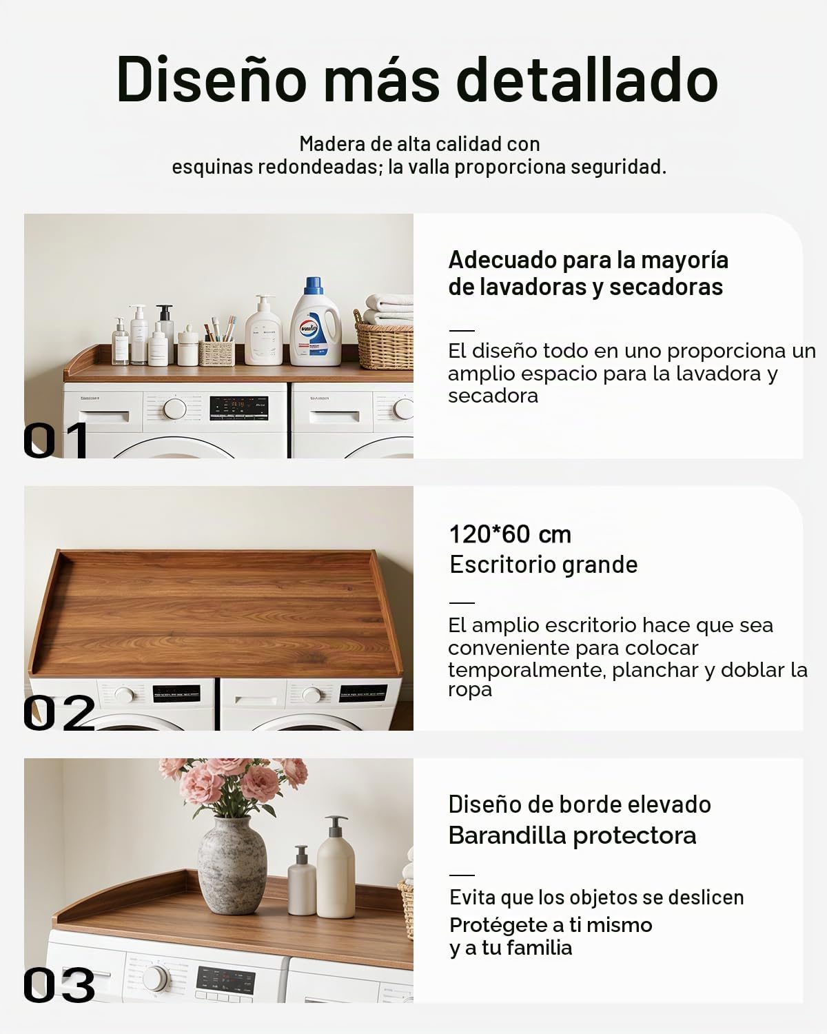 Mueble para lavadora y secadora, soporte de madera para lavadora, estante para lavadora con barra de seguridad, cubierta de madera para lavadora, organización de cubierta para lavadora