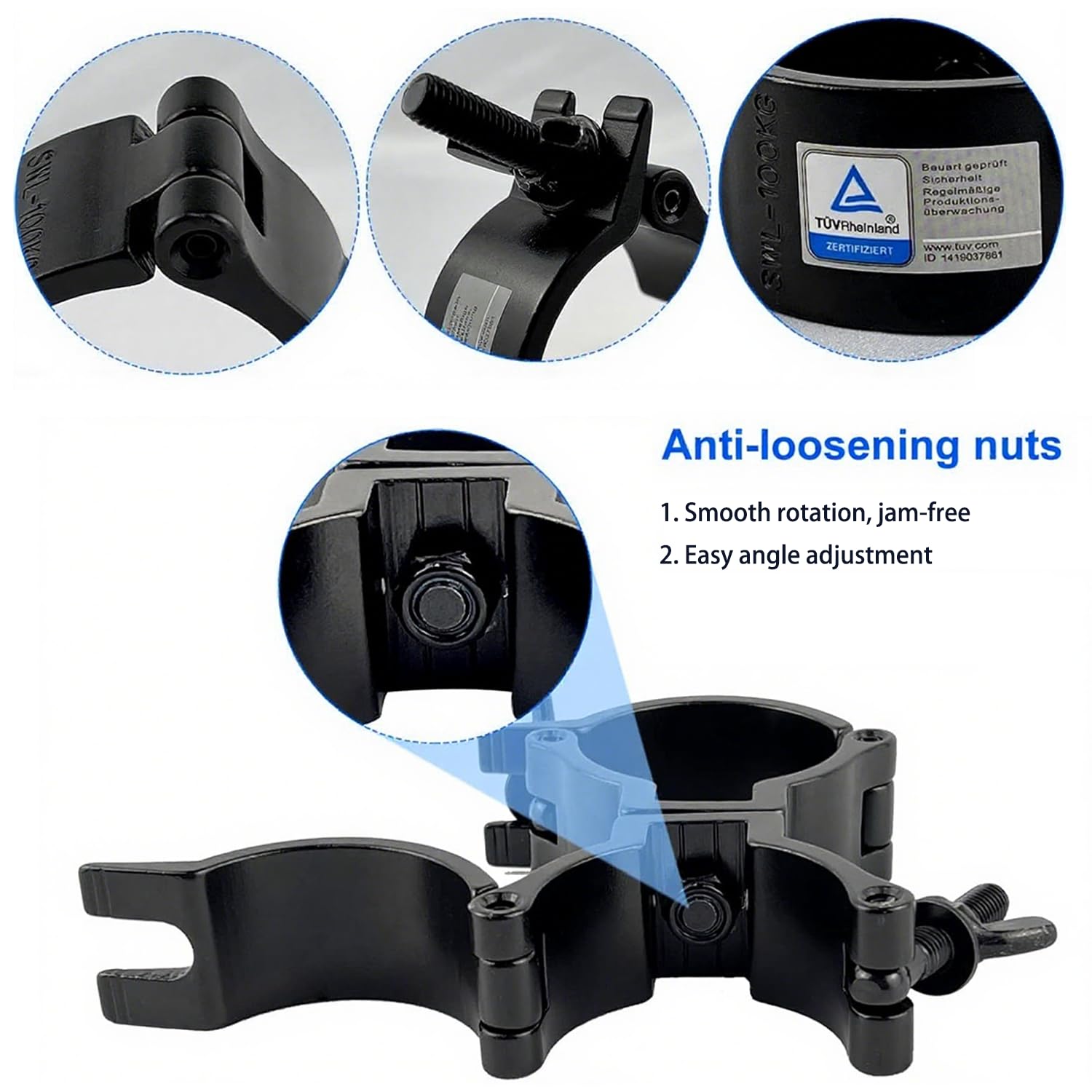 Juego de 4 Abrazaderas Metálicas para Truss - Sujetadores de Aleación Aluminio Negro Monobloque para Tubos 49-51mm - Fijación Escénica Profesional para Iluminación