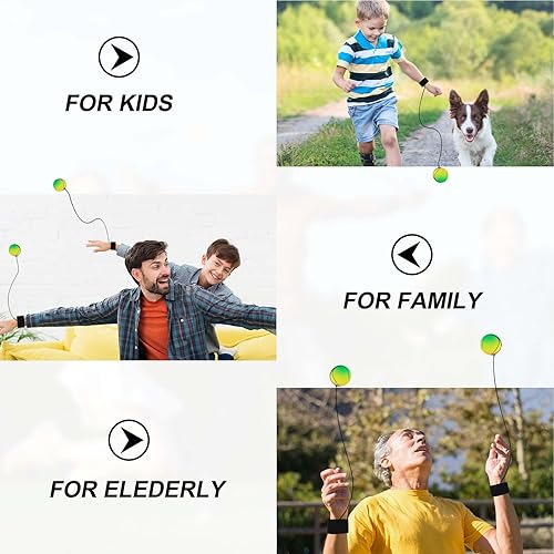 Miniatura 11 de 4 bolas de retorno de muñeca, pulsera de bola de rebote de goma de 2 pulgadas en una cuerda deportiva de muñeca, incluye baloncesto, béisbol