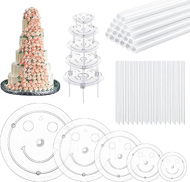 40 Pieces Plastic Cake Dowel Rods Set for Tiered Cakes, 20 White Cake Sticks Support Rods, 5 Cake Separator Plates for 4, 6, 8, 10, 12 Inch Cakes, 15 Clear Cake Stacking Dowels