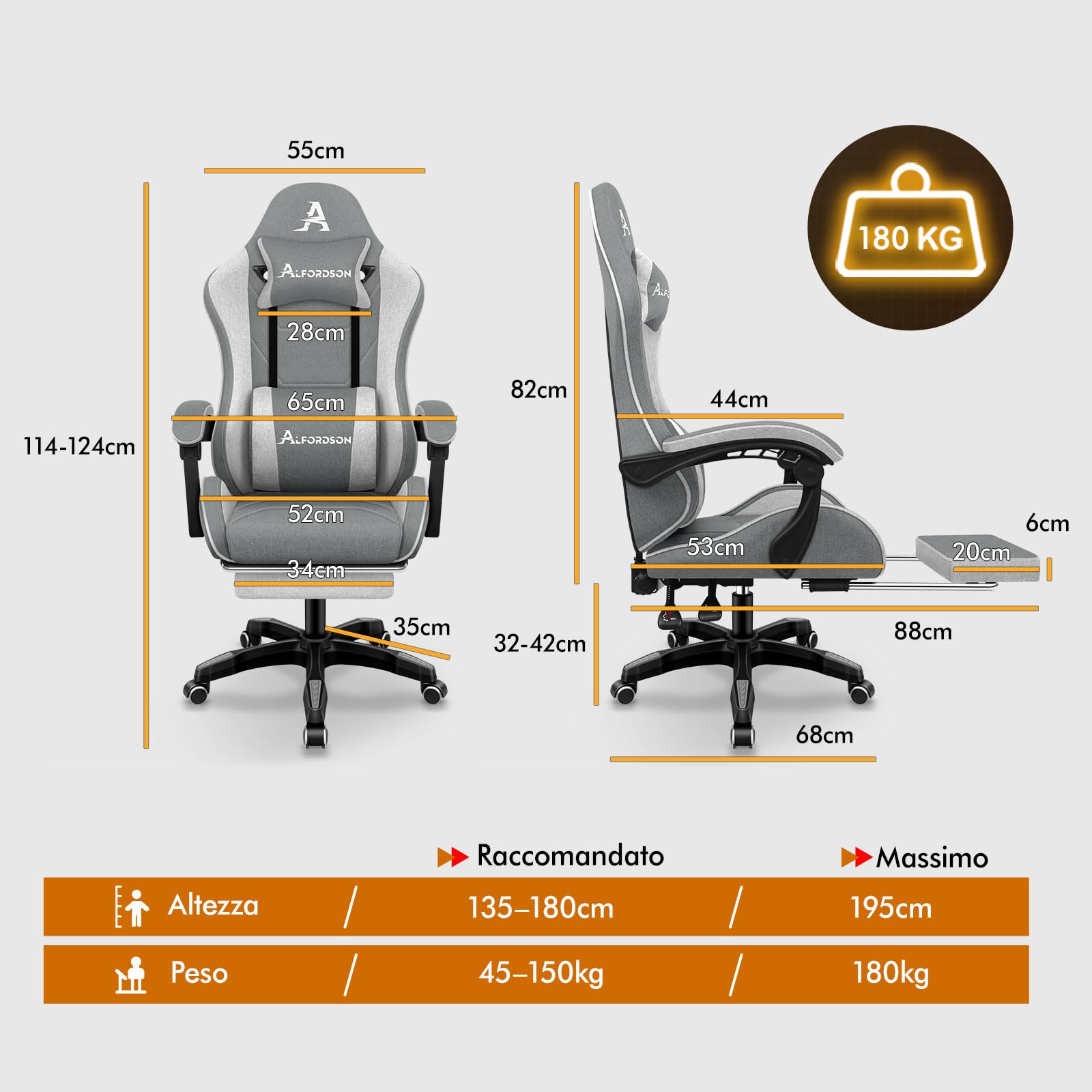 ALFORDSON Sedia Gaming Massaggiante con Poggiapiedi da Case Grigia splicing | Poltrona Gamer in Tessuto Serie THOR, Schienale regolabile, con supporto lombare e poggiatesta, portata 180 kg