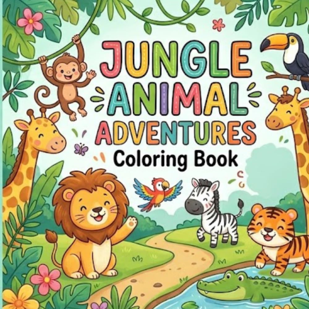 Jungle Animal Adventures Coloring Book: Fun and Easy Coloring Pages for Kids with Cute Lions, Elephants, Monkeys, Tigers, and More Jungle Friends