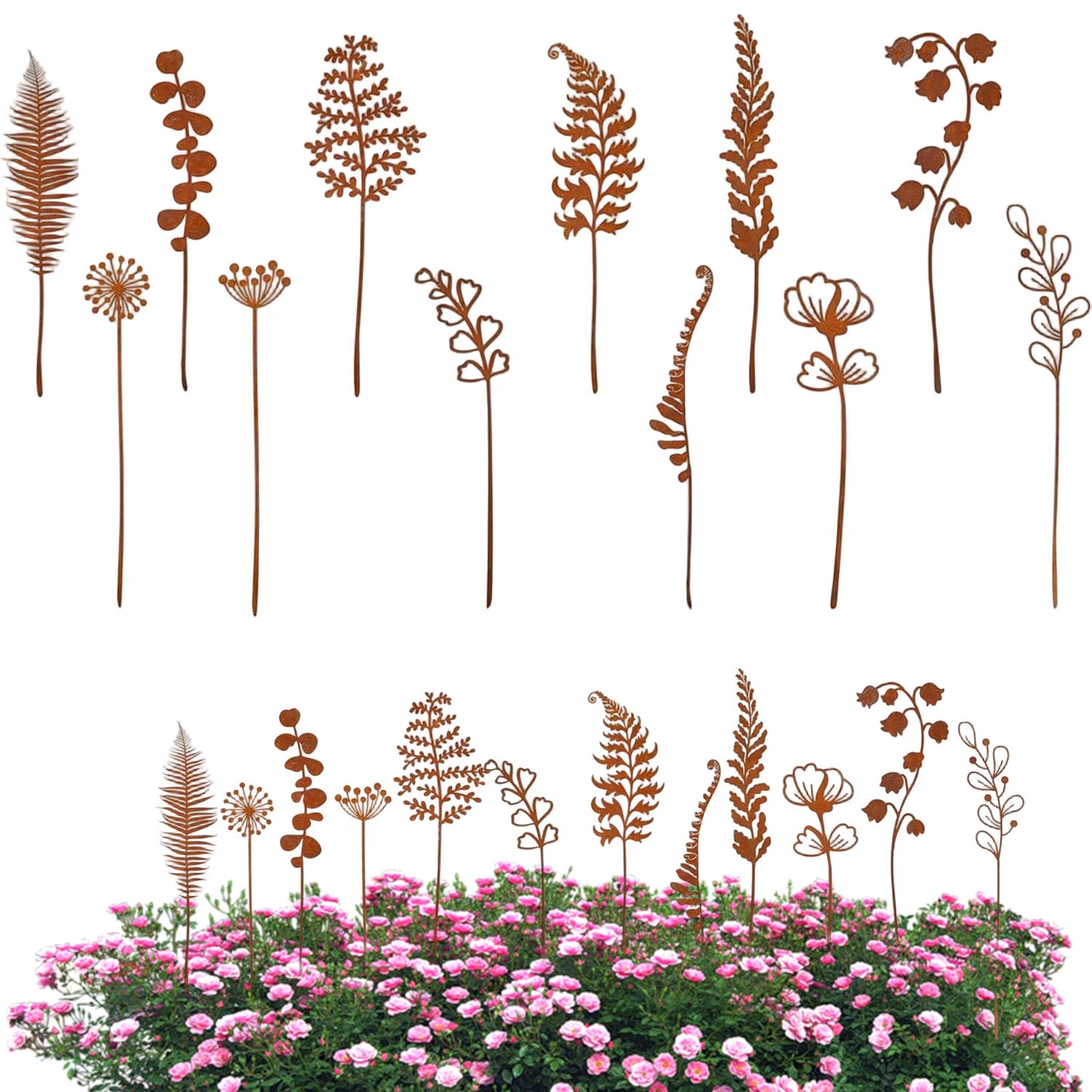 12 Pcs Rustic Metal Flowers For Garden Decorations, Weatherproof Metal Garden Ornaments, Outdoor Rust Stakes Flower Decor, Plant Pot Decoration Gifts for Patio Yard Flower Vase Decor, 10-14in
