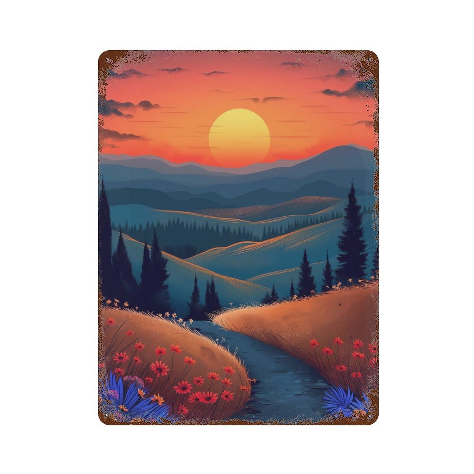 Sunset Over Rolling Hills Distressed Metal Wall Sign 15.7"x11.8", for Garage, Bar And Workshop Decor, Decorative Metal Wall Art