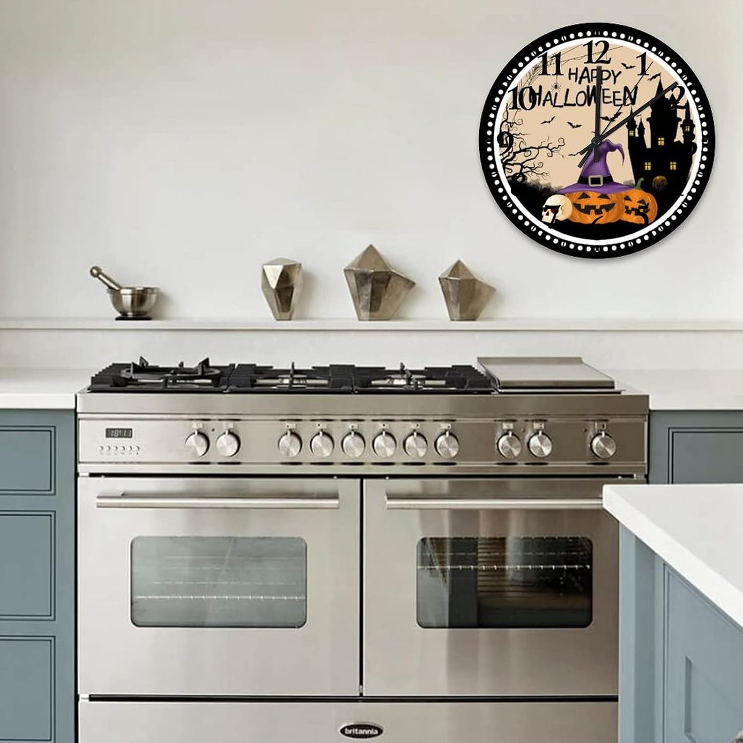 15 Inch Happy Halloween Pumpkin Hunted House Small Wall Clock Battery Operated Silent Noiseless Halloween Party Scary Pumpkin Wearing Witch Hat Wooden Hanging Clock Arabic Numeral Round Clock