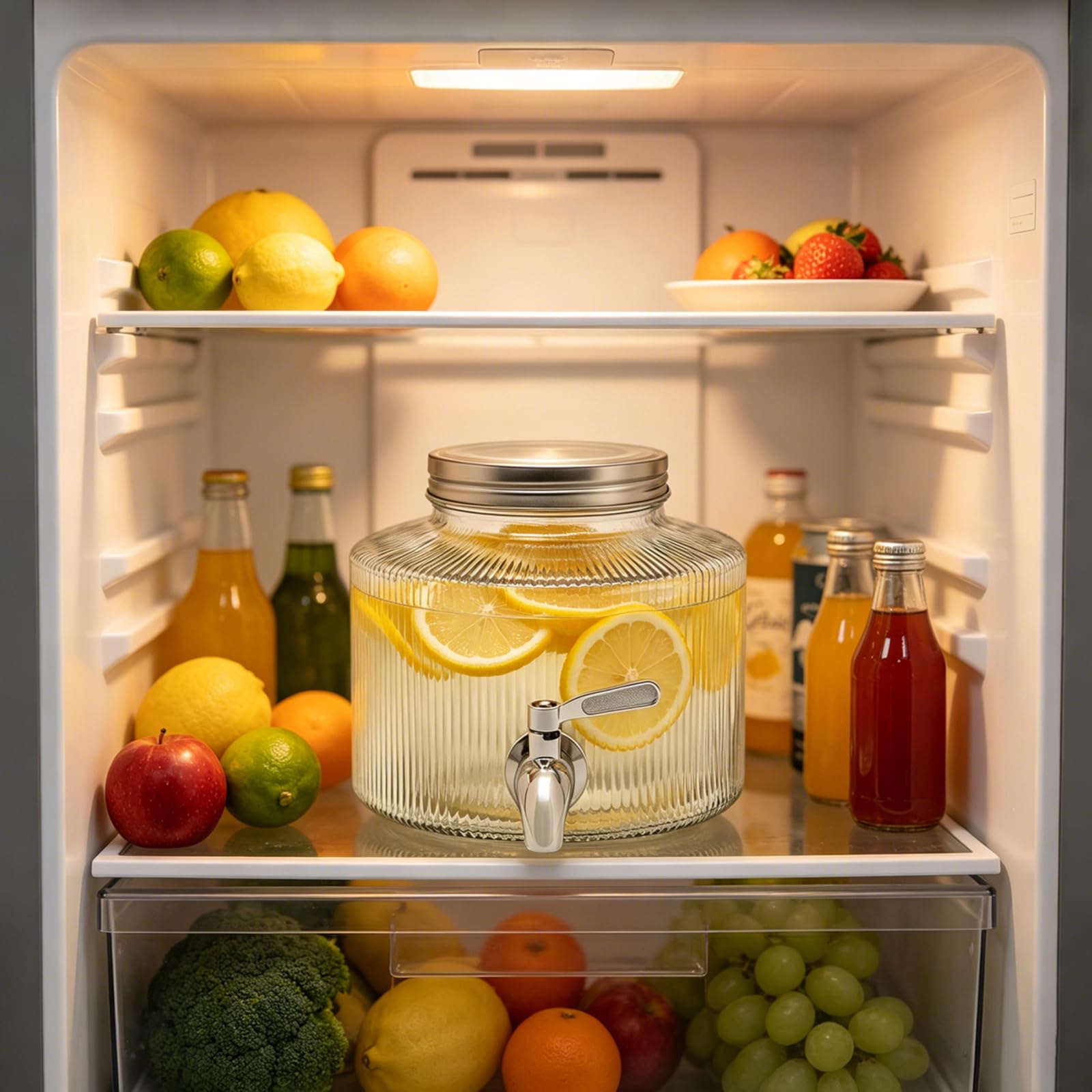 Dispenser di bevande in vetro da 2,5 l con rubinetto in acciaio inox, adatto per frigorifero, erogatore di acqua con rubinetto per limonata, tè freddo sangria, contenitore in vetro con coperchio