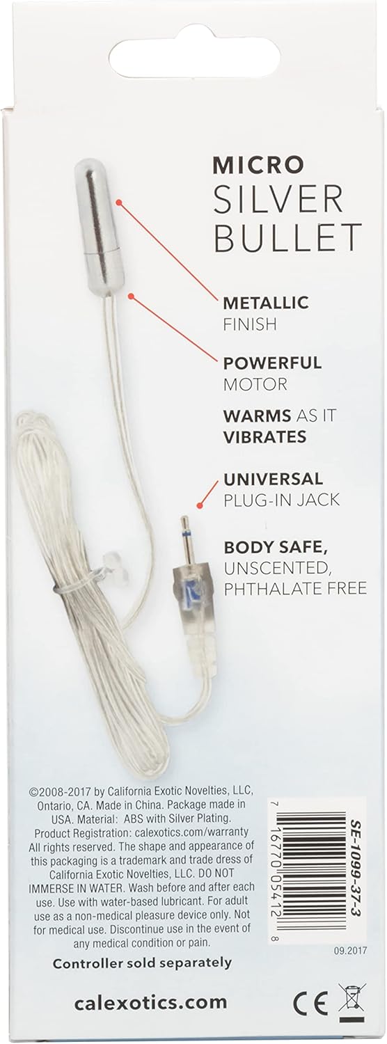 Back of CalExotics Sterling Collection Micro Silver Bullet packaging, detailing features and specifications