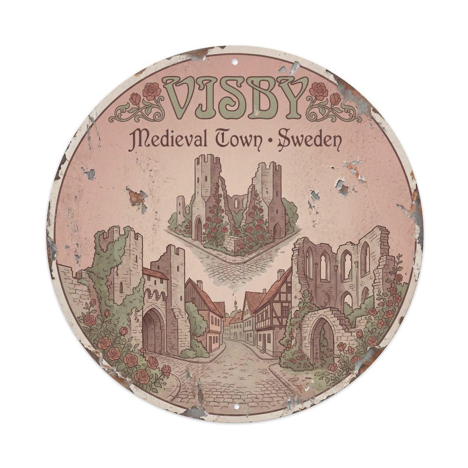 Cmhok Vintage Style-20 Vintage Travel Visby Sweden Artwork Metal Tin Sign Plaque Wall Decor For Cafe, Club, Garden Round Metal Poster 8X8inch