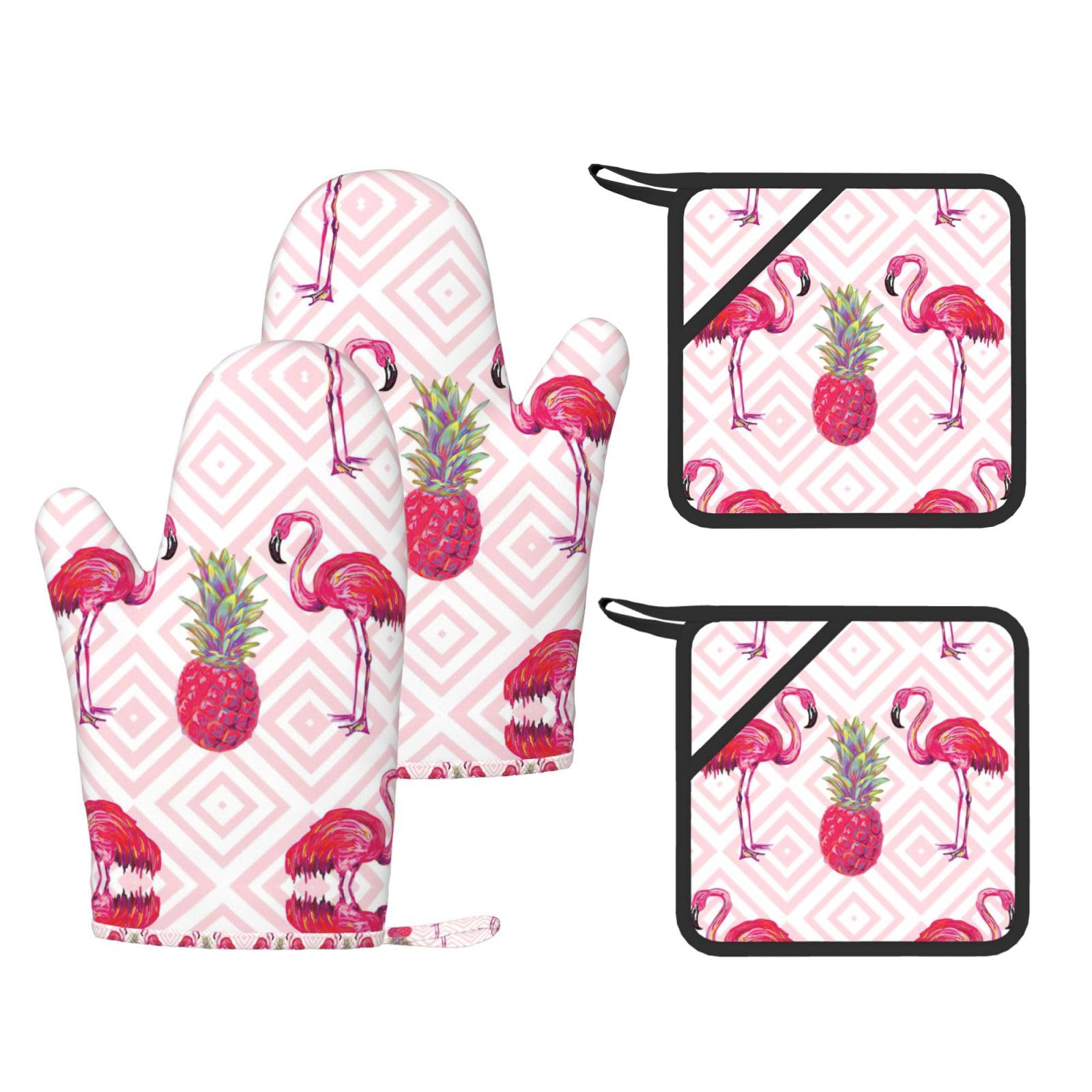 Pink Flamingo Pineapple Printed Oven Gloves and Hot Pads Set of 4, High Heat Resistant Silicone Mitts for Cooking BBQ