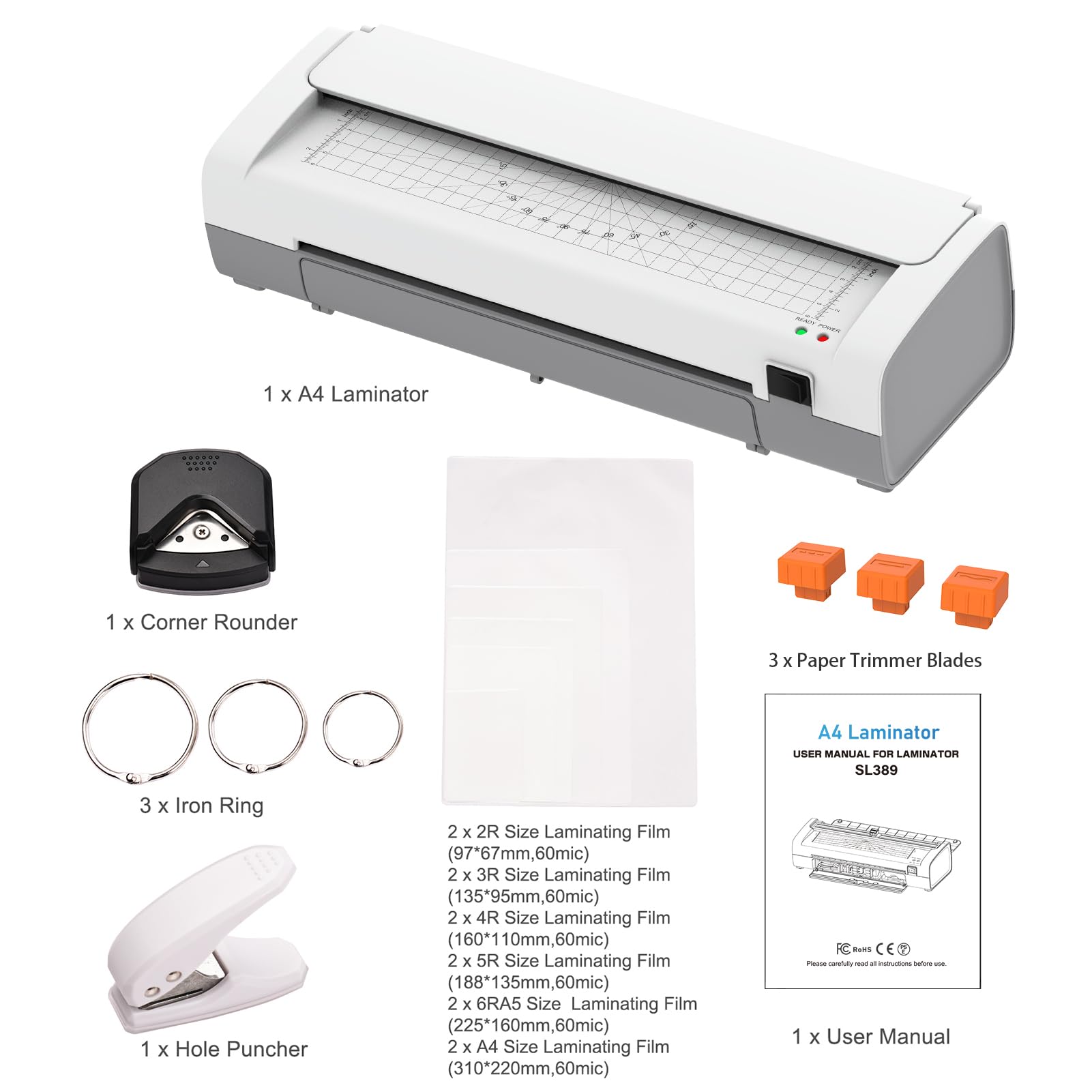 9-calowy laminator termiczny o szerokości wejściowej 230 mm, SL389 Desktop 2-rolkowa maszyna do obróbki na gorąco i na zimno z przycinarką papieru, dziurkaczem i zaokrąglarką