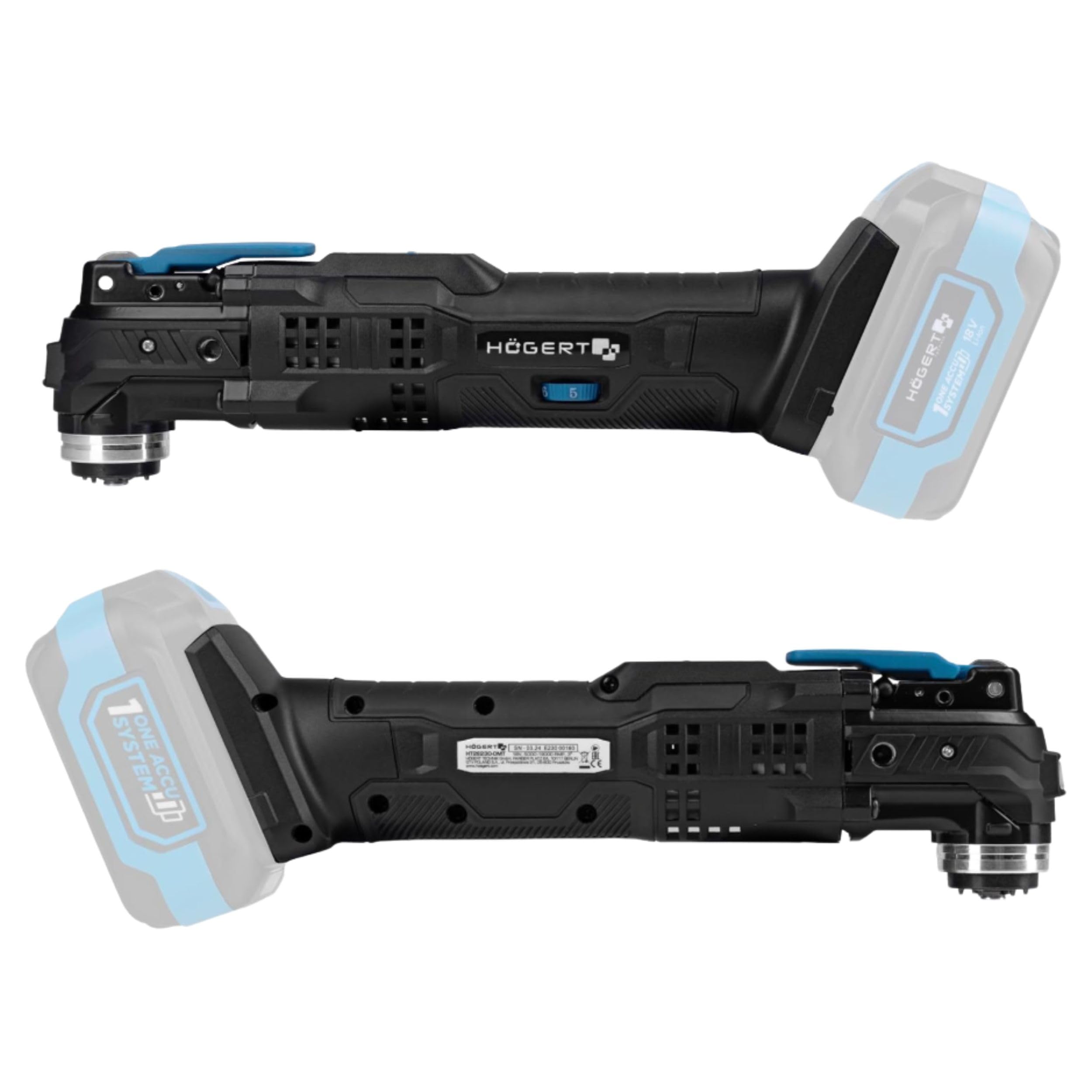HÖGERT TECHNIK Herramienta Multifunción a Batería 18V OneAccuSystem, 5000-19000 RPM, oscilación 3°, LED, velocidad variable, softgrip, con accesorios, sin batería