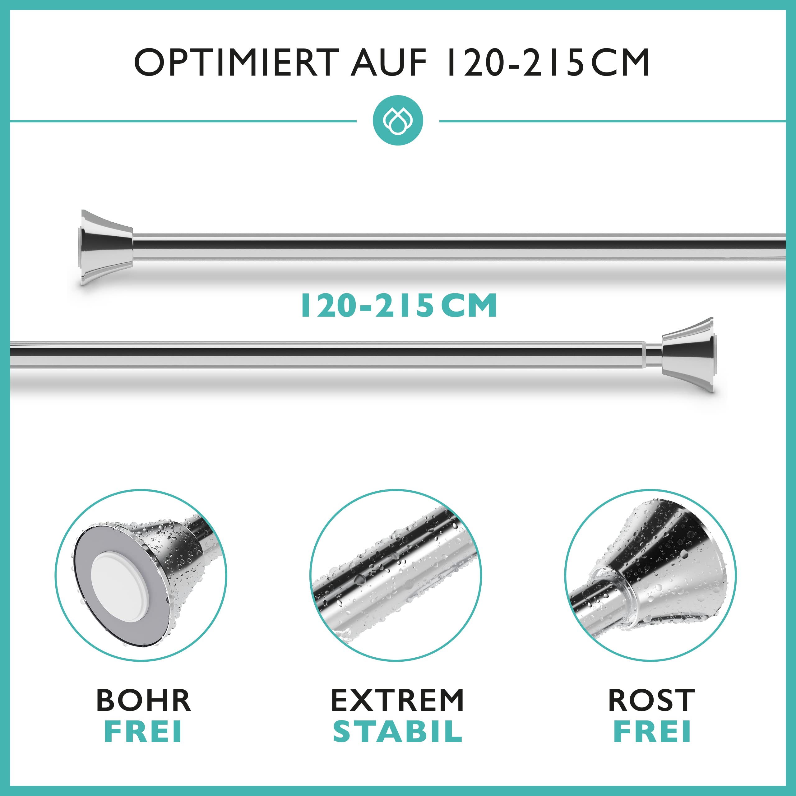 Tringle à rideau de douche télescopique sans perçage avec 12 anneaux, stable, 120 à 215 cm, sans perçage, en acier inoxydable, pour douche et baignoire