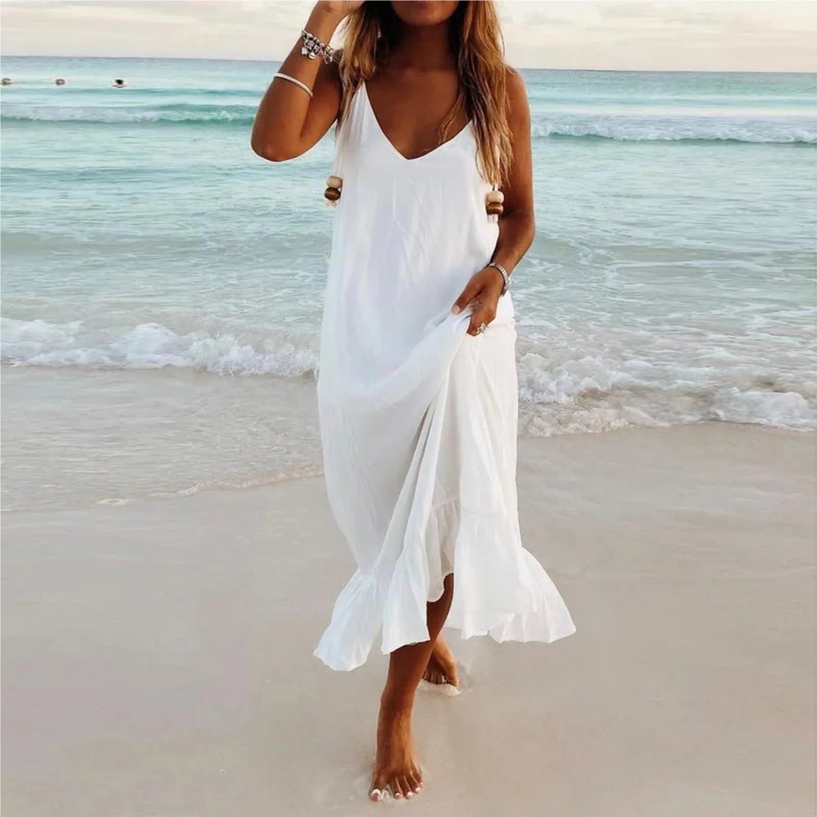 Vestidos Sueltos de Verano for Mujer, Tirantes Finos, Escote en V, Vestido Largo Blanco, Playa for para Mujer