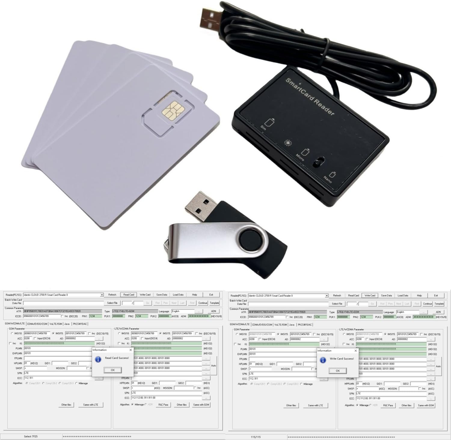 MCR3516 SIM Reader Writer Mini Nano Micro 2FF, 3FF, 4FF SIM Card +5pcs Programmable Blank LTE USIM 4G Card WCDMA GSM + Sim Personalize Software