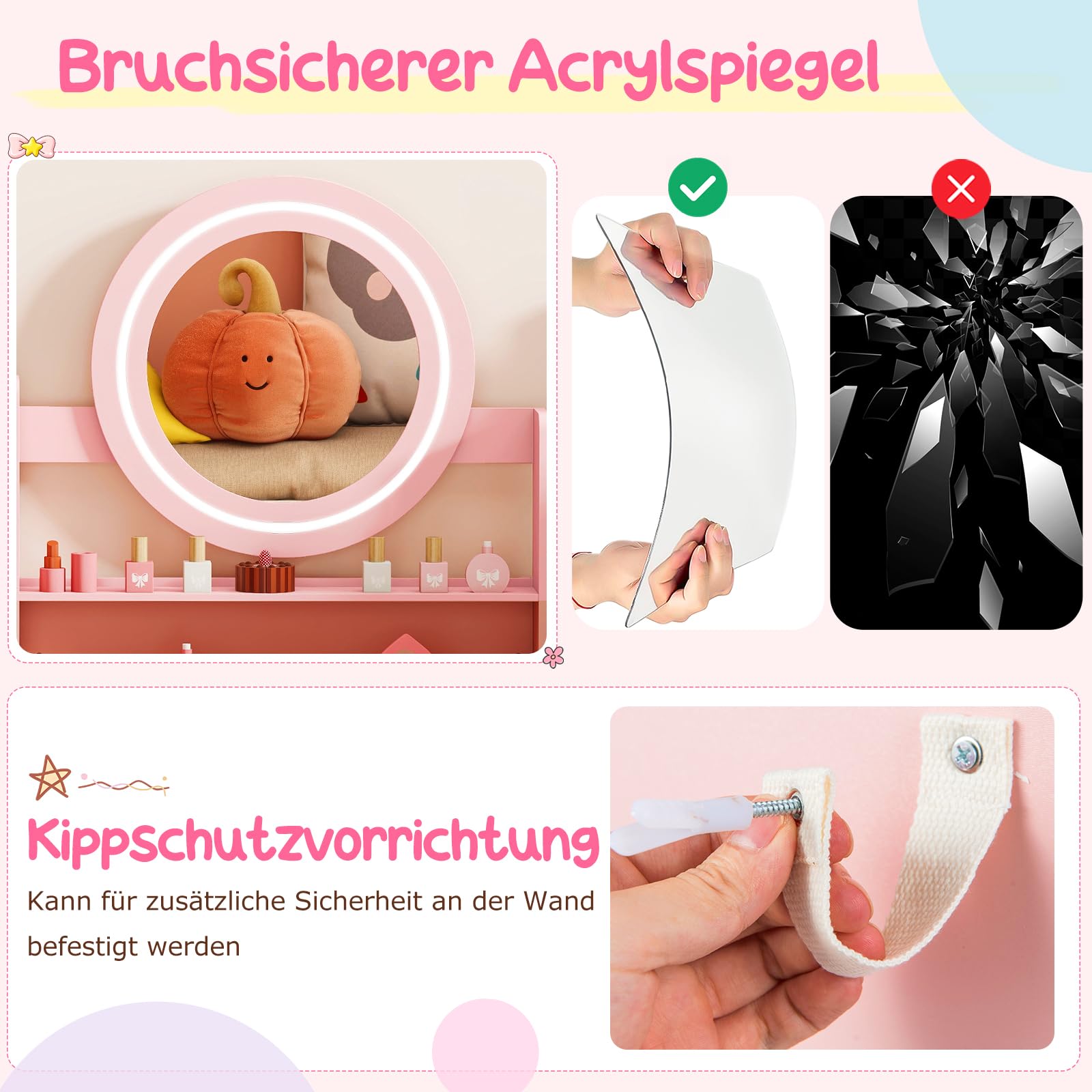 COSTWAY Kinder Schminktisch mit Beleuchtung, Kinderschminktisch mit Spiegel, Regalen & gepolstertem Hocker, Prinzessin Frisiertisch aus Holz, Schminkkommode für Mädchen ab 3 Jahren (Rosa)