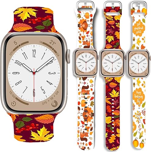 Miniatura 2 de Correa de Navidad y Acción de Gracias compatible con Apple Watch de invierno, correa suave con estampado de invierno, 3 paquetes de 1.496 in, 1.575