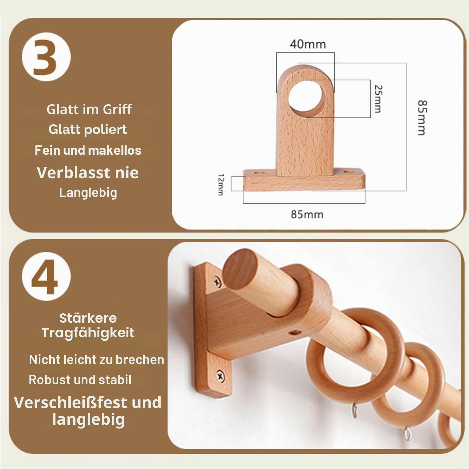 Gardinenstange Holz, Vorhangstange Holz Natur, Umweltfreundlich und Geräuscharm, Buchenholz Material, Für Wohnzimmer, Schlafzimmer, Küchen und Esszimmer(220 cm (3 Brackets))