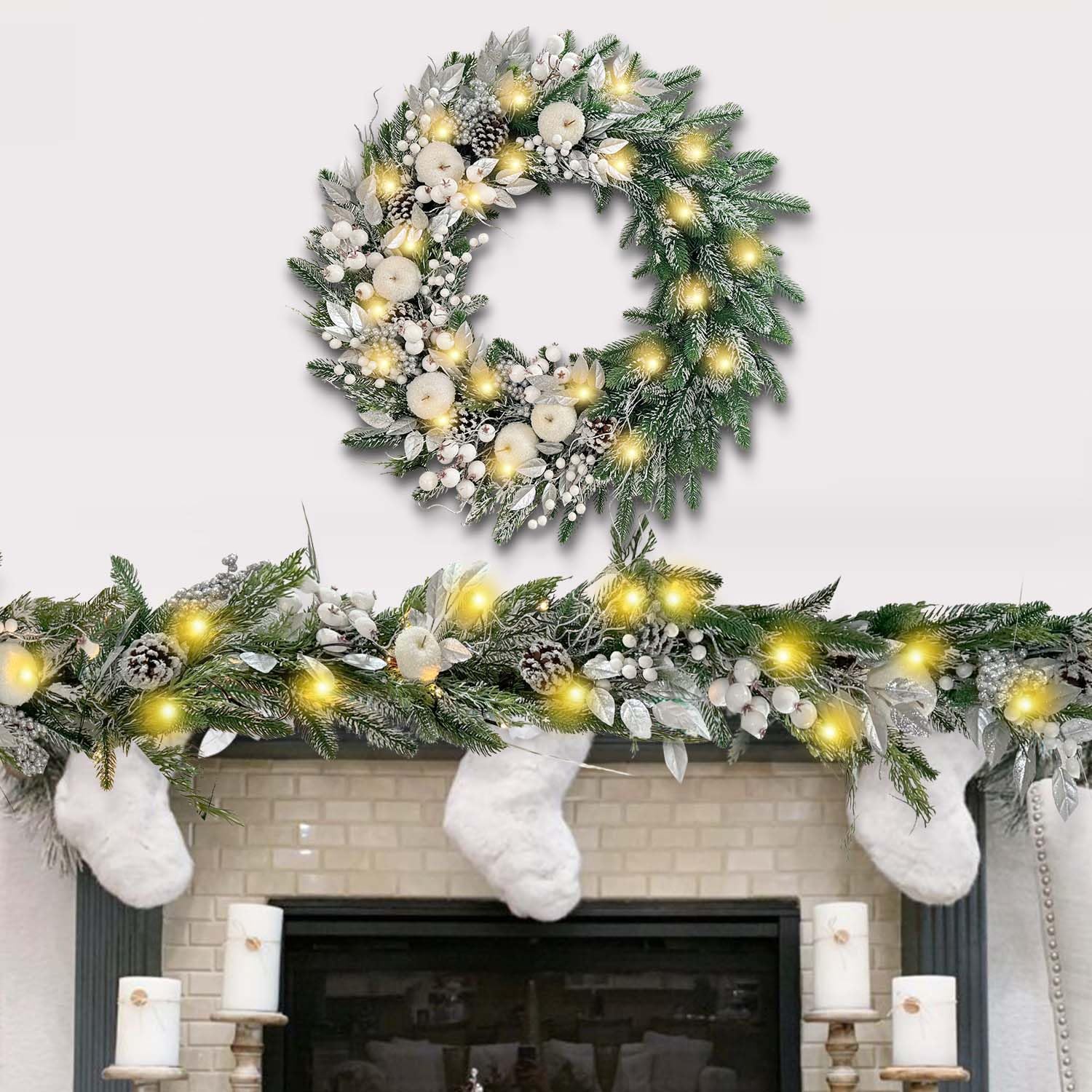 WANNA-CUL Corona de Navidad grande preiluminada de 30 pulgadas para puerta delantera con 50 luces LED, decoración de corona de Navidad iluminada en blanco plateado con manzanas y bayas blancas