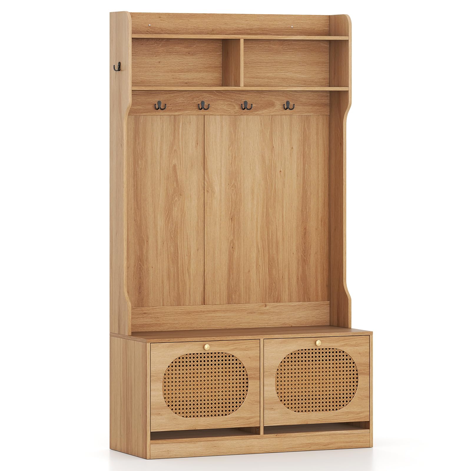 Multigot Coat Rack Stand, 180cm Free Standing Hall Tree Clothes Hanger with Rattan Door Bench, Flip Drawers, Shelves & 6 Dual-Hooks, Wooden Coat and Shoe Storage Organiser for Hallway Entryway Bedroom