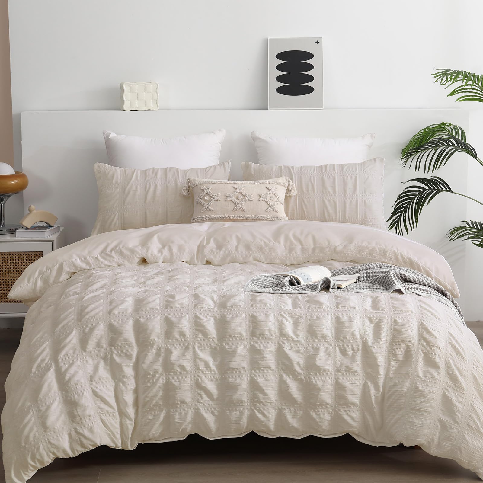 Seersucker King Size Duvet Cover Sets Beige Bedding Set with 2 Pillowcases โ image 1
