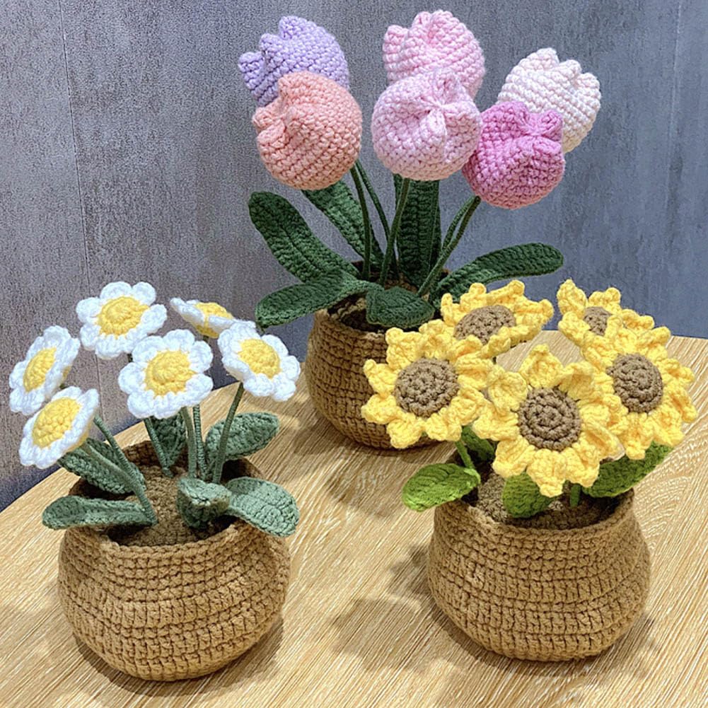 Amazon｜JOONOR ハンドメイド かぎ針編み チューリップ ブーケ 鉢植え