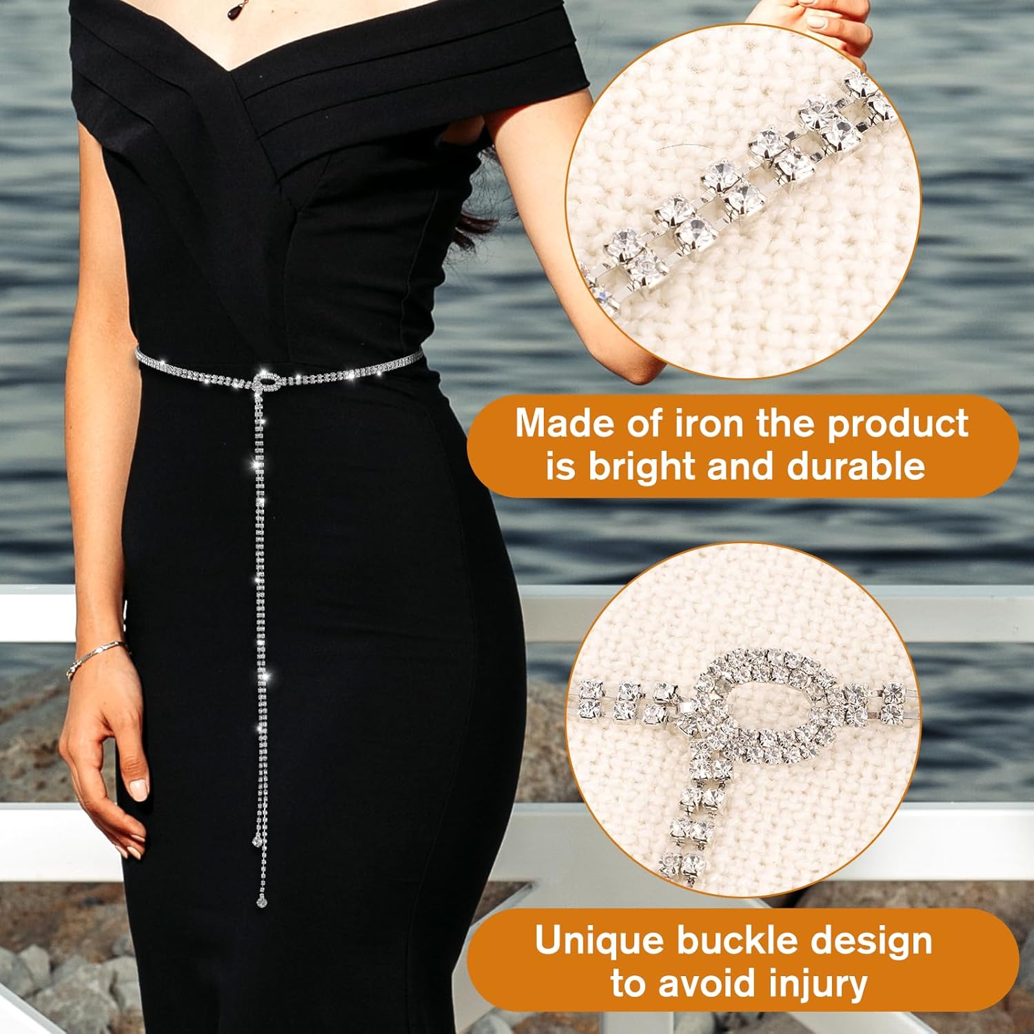 Rhinestone Belts for Women Silver Sparkly Dress Belts Crystal Chain Belt for Dress Bling Chain Thin Belt Stylish Women's Waistband for Wedding Party Girl - Image 3