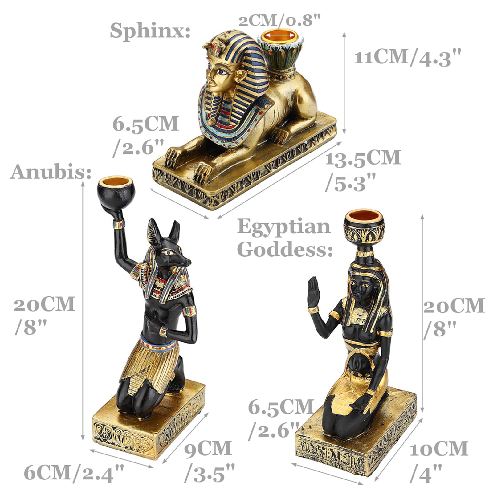 dDanke 3-Piece Egyptian Resin Candle Holder Set – Anubis, Goddess, and Sphinx Figurines – Ancient Style Decorative Candlesticks for Table or Shelf