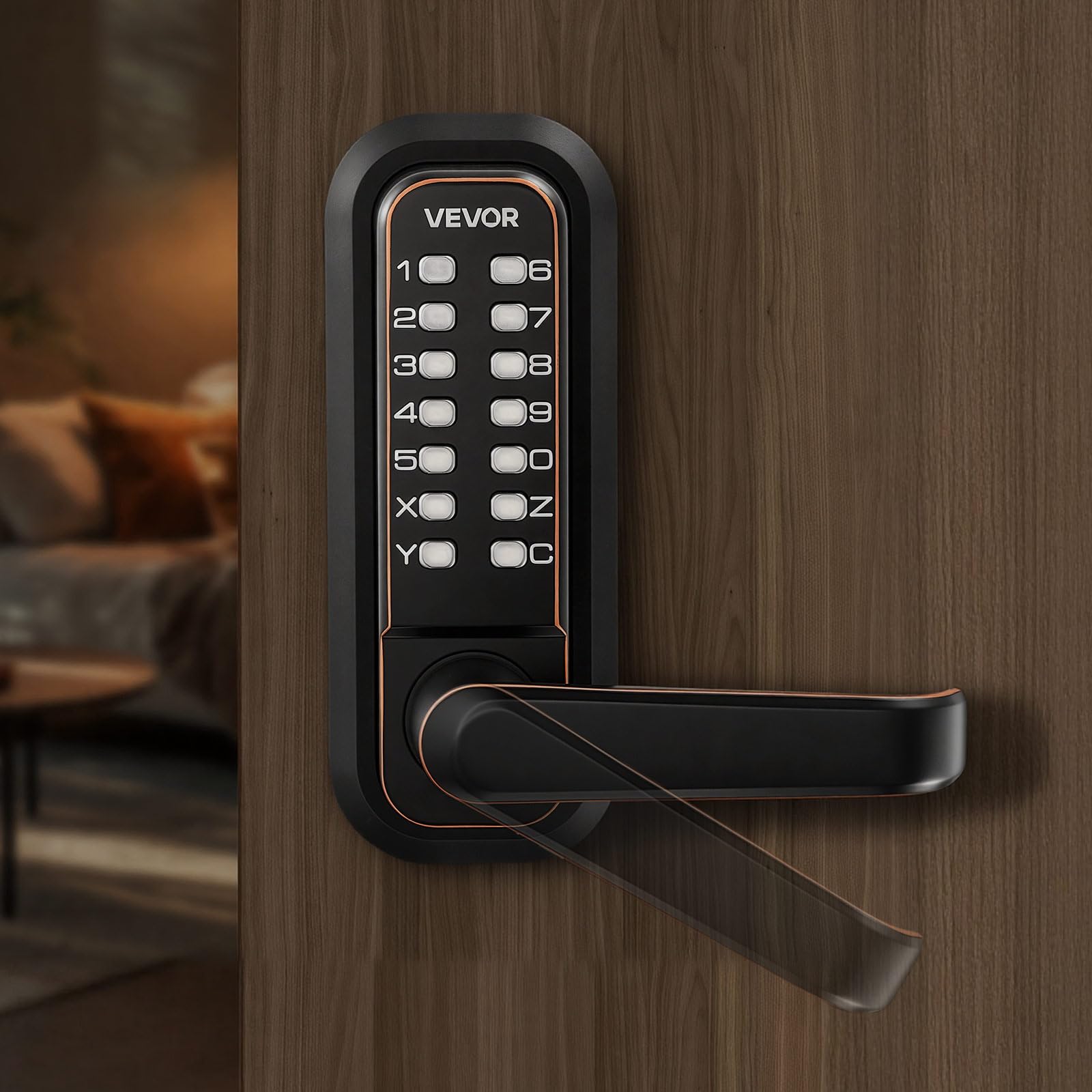 VEVOR Mechanisches Codeschloss mit Doppelseitigem Tastenschloss (4- bis 7-stelliger Code), Schlüsselloses Türschloss mit Griff & Automatischer Verriegelung, für Haustüren Garagen, Ölgebronzefarben