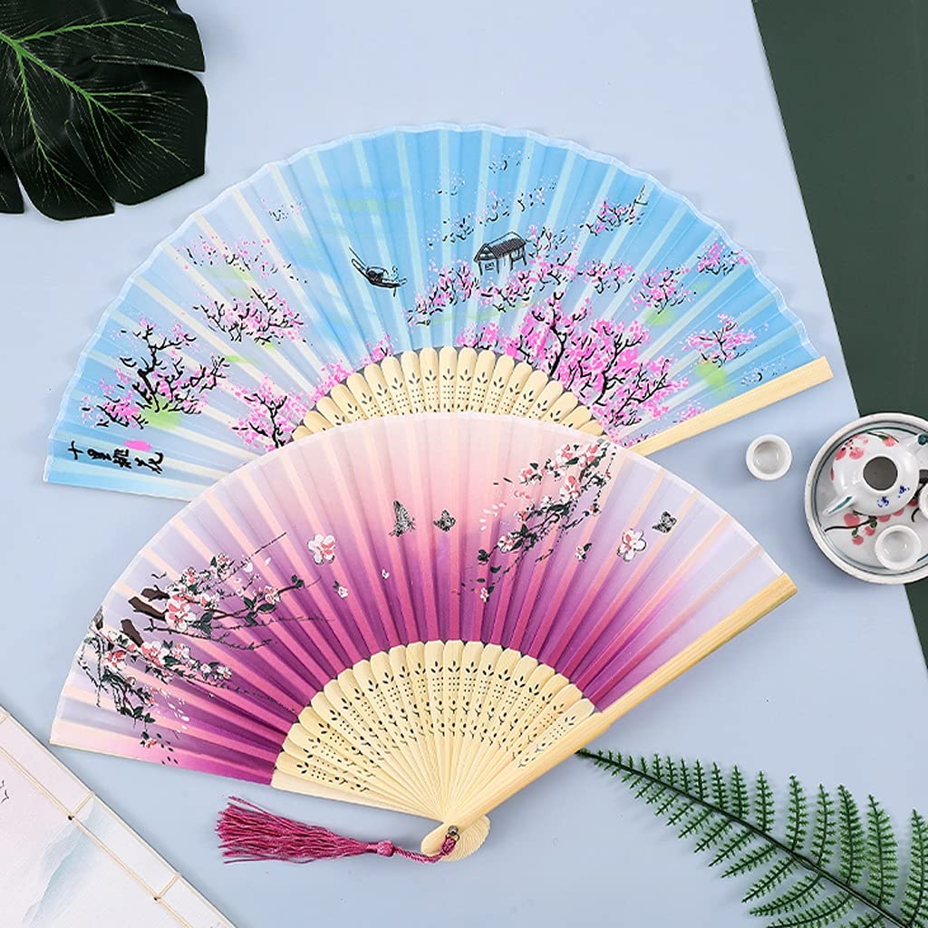 Abanico de mano Plegable Paquete de 2 Abanicos de mano con borlas, Abanico plegable de estilo antiguo Hanfu, Abanico de bambú pequeño plegable portátil Abanico plegable de mano chino (Color : E) (F)