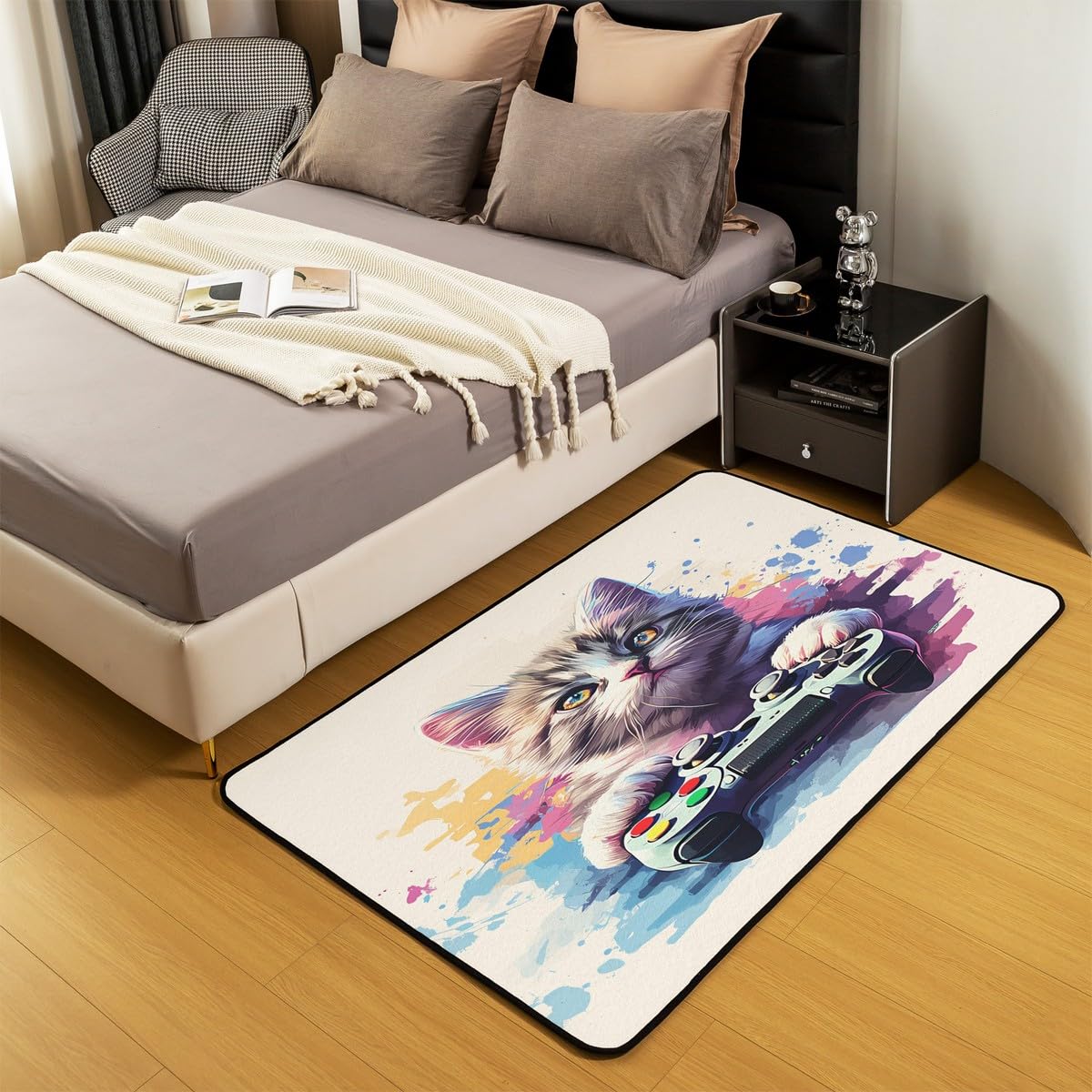 Loussiesd Dywan do salonu dla graczy, 100 x 150 cm, gamingowy dywan akcentujący dla chłopców, dziewcząt, nastolatków, nowoczesny kontroler konsoli do gier, mata podłogowa, joystick, beżowa, fioletowa,