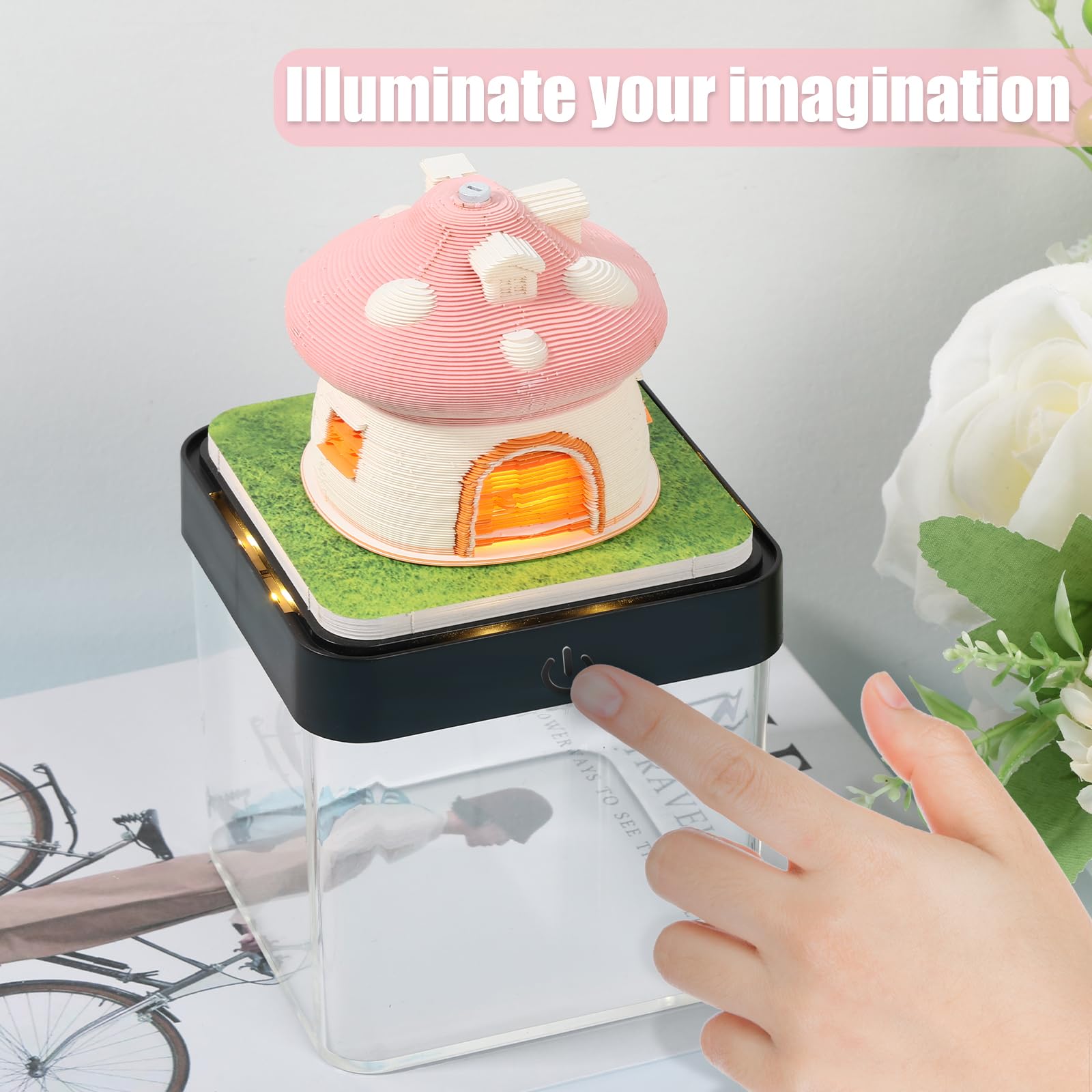 Schreibtisch kalender mit LED-Lichtern, 2025 Kalender 3D Memo Pad Papier Kreative 3D Notizblock Papier, Countdown Kalender Schnitzen Geschenk Desktop Dekoration (Rosa Pilz)