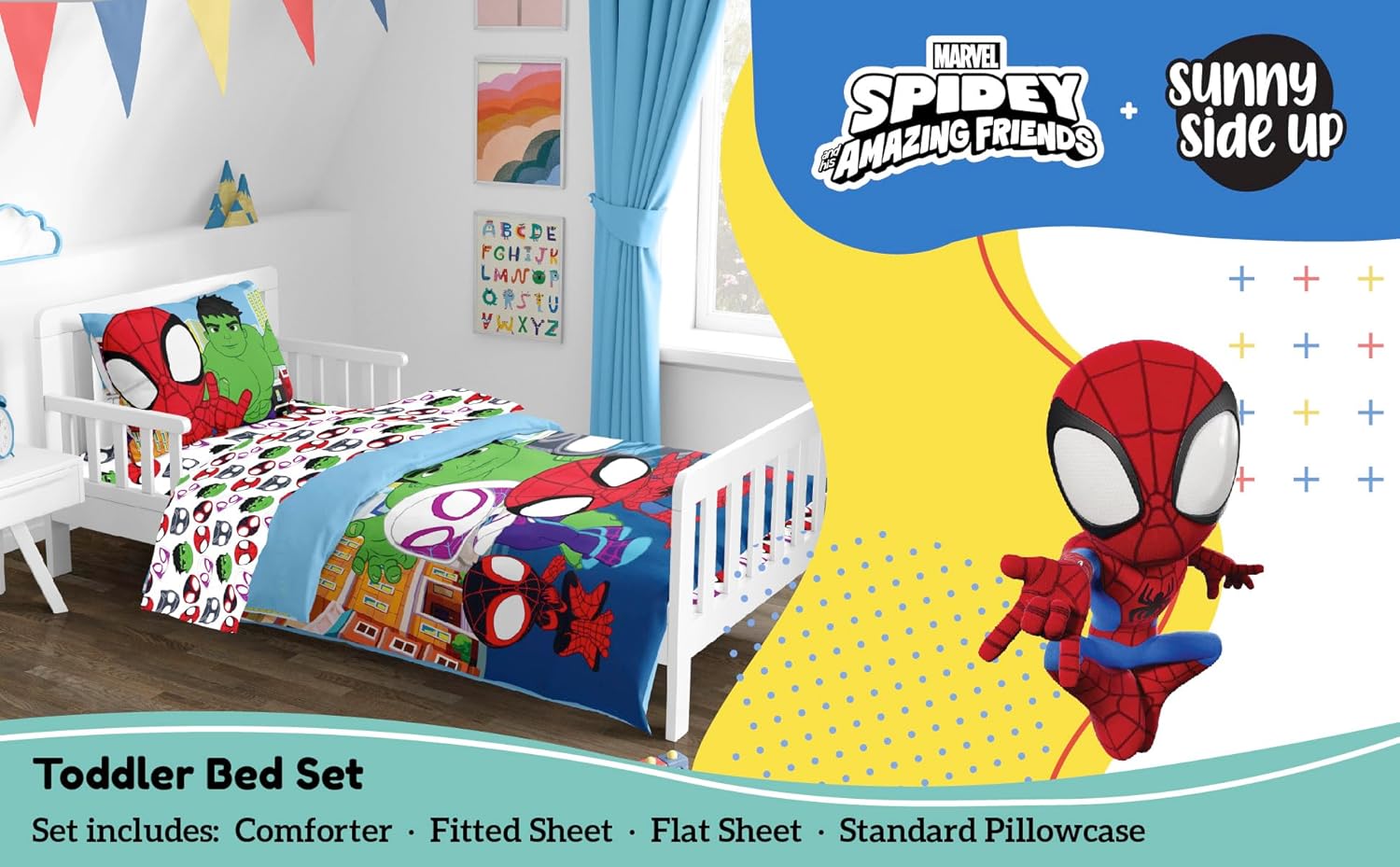 Sunny Side Up Marvel Spidey & His Amazing Friends Toddler Comforter Set - 4 Piece Preschool Bedding Includes Comforter, Sheets & Pillow Cover – Super Soft Superheroes Microfiber Bed Set 4 Piece Toddler Multi - Spidey & Friends