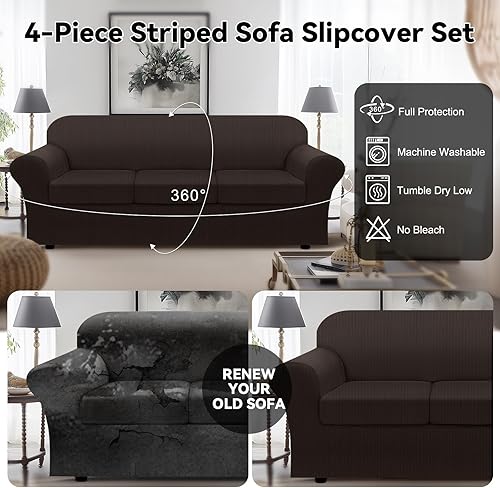 Miniatura 6 de Funda para sofá extragrande 100% impermeable, 4 piezas, a rayas, para sofá de 3 cojines, con parte inferior de poliuretano termoplástico a prueba de