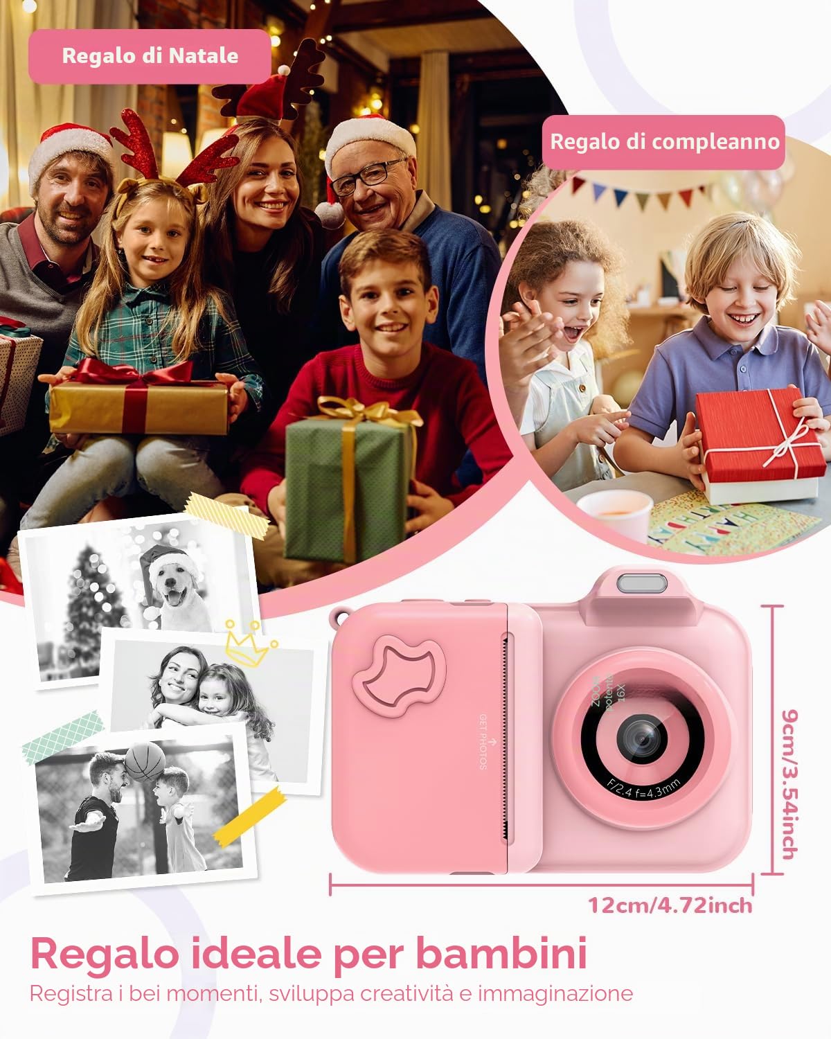 Macchina Fotografica Bambini Istantanea, 2.4" Fotocamera Digitale Selfie con 24MP/1080P HD Videocamera, 32GB Scheda, 5 Rotoli Carta Stampa Fotocamera Bambini per Ragazze Ragazzi da 3-14 Regalo, Rosa