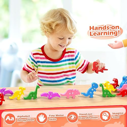 Miniatura 5 de TQU Juguetes magnéticos de dinosaurio para niños de 2, 3, 4, 5, 6 años, 26 juguetes de aprendizaje del alfabeto Montessori, letras educativas a