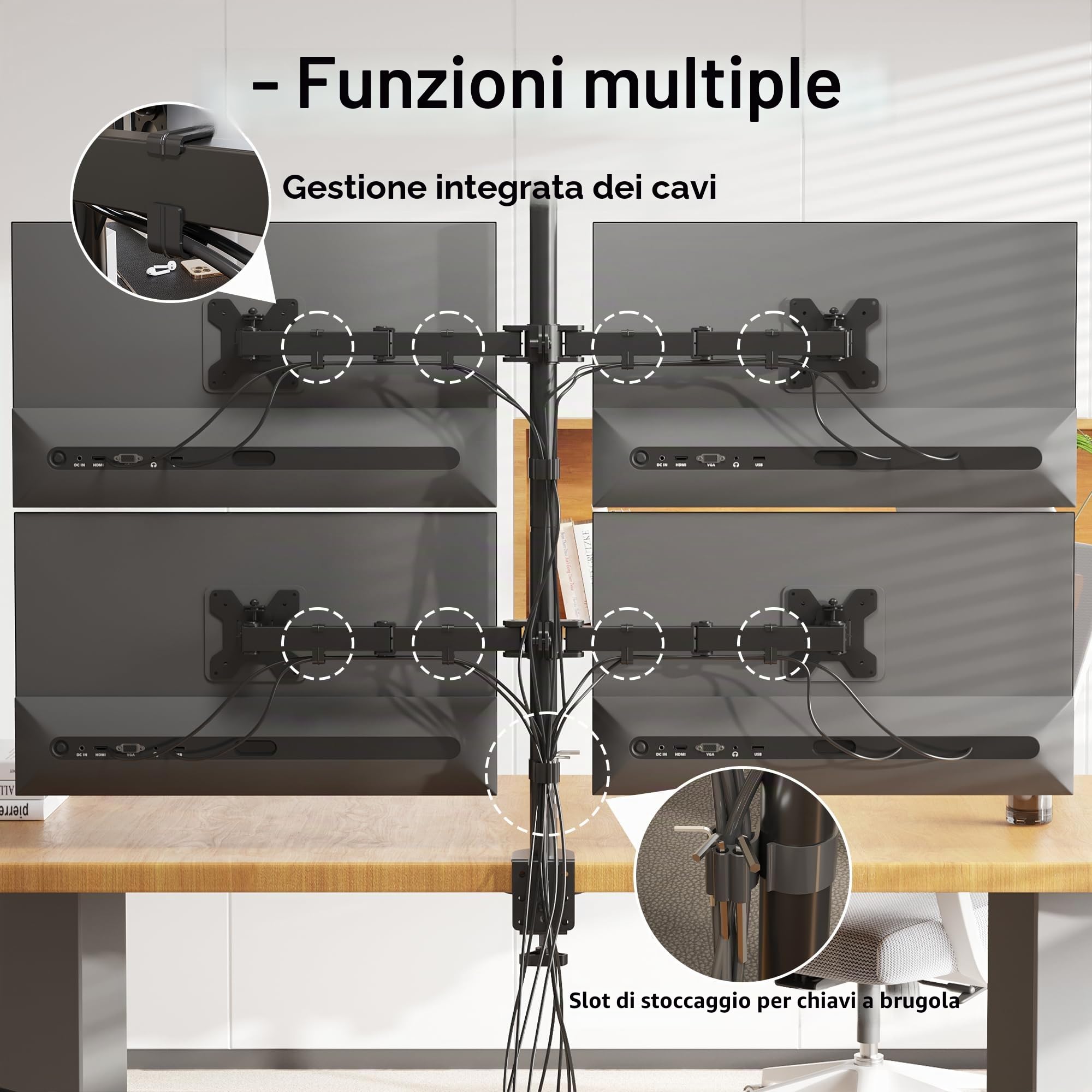 BONTEC Supporto da Tavolo per 4 Monitor 13"-27", Regolabile in Altezza, 360° Rotazione e 180°Orientamento, VESA 75/100mm, Morsetto Scrivania e Perforazione, Fino a 10kg per Schermo