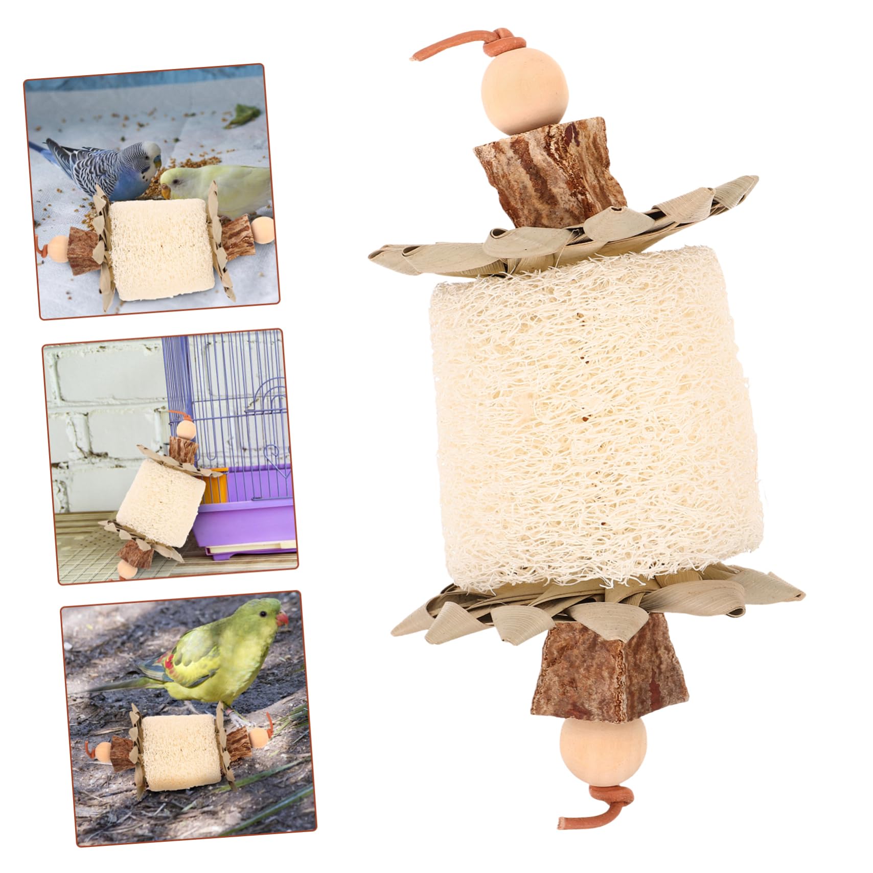 Jouet à Mâcher pour Oiseaux Suspendu en Loofah et Feuilles de Palmier