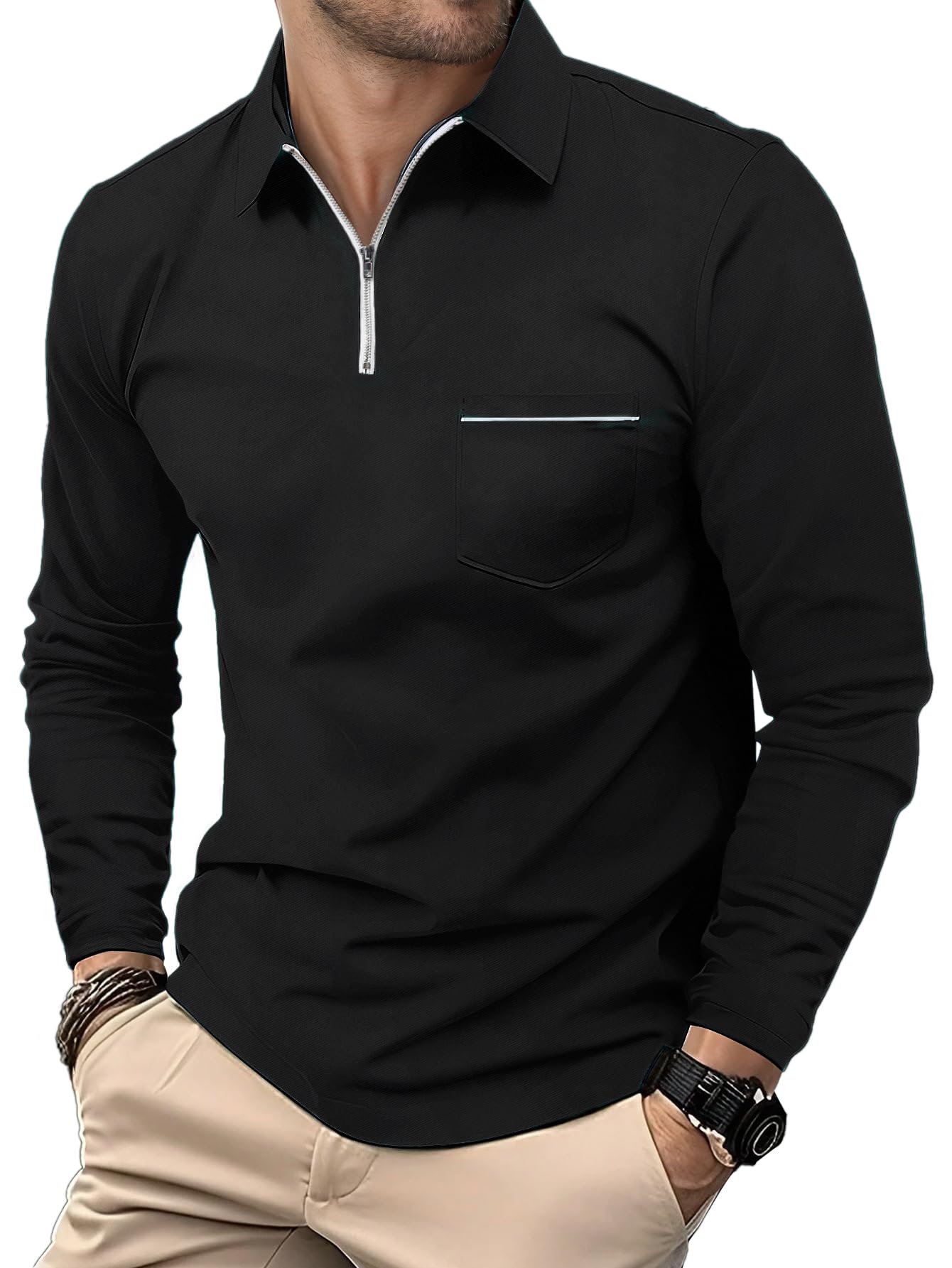 HMIYA Herren Poloshirt Langarm Poloshirt aus Baumwolle Atmungsaktiv Casual T-Shirts mit Tasche