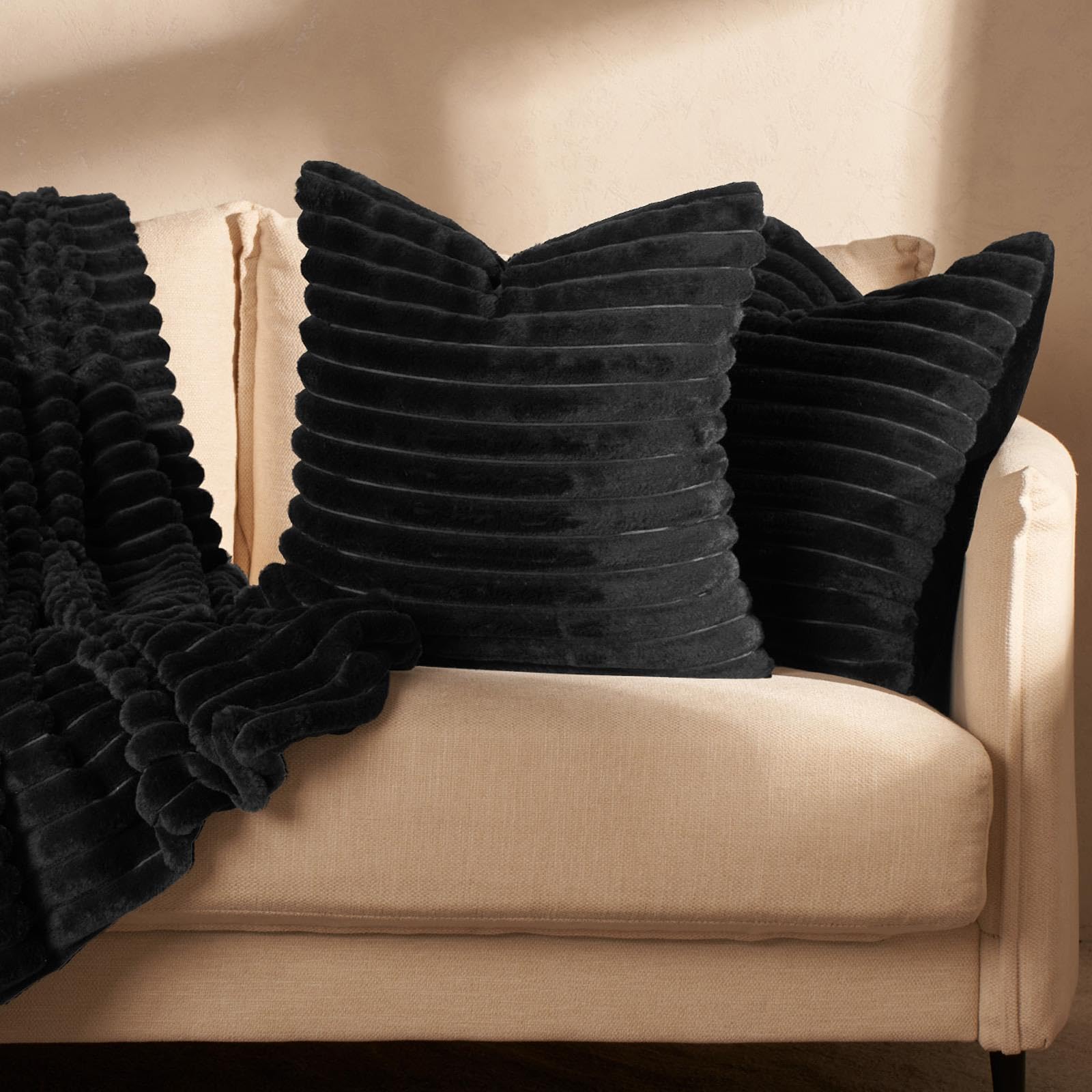 Ohs Black Faux Fur Rib Sofa Cushion Covers Lounger Cushions Super Soft Comfy Cushion Covers For Home Sofa Bedroom Living Room Throw Pillows For Cushion Pads, Pack Of 2