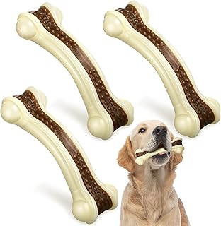 Sosation 3 Pack Dog Chew Toys for Aggressive Chewers, Dog Bone Toys Nylon Beef Flavor Indestructible Dog Teething Toys for Large/Medium/Small Puppies Breeds (Curved Bone, Large)