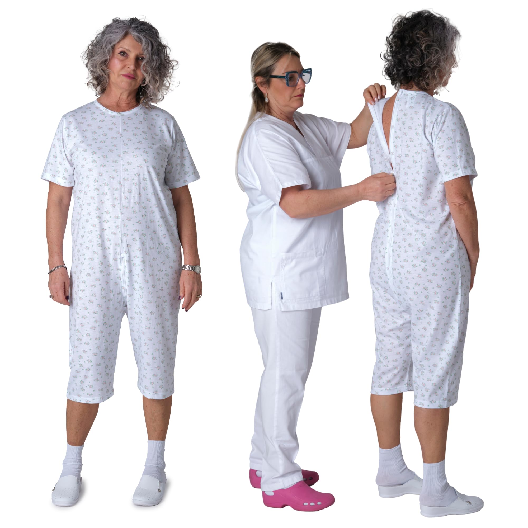 FERRUCCI COMFORT Pijama Sanitario Cuello Redondo Manga Corta Pantalón Corto - 9017 MC PC - Para Mayores, Incontinencia, Alzheimer, Demencia, 100% Algodón Ligero