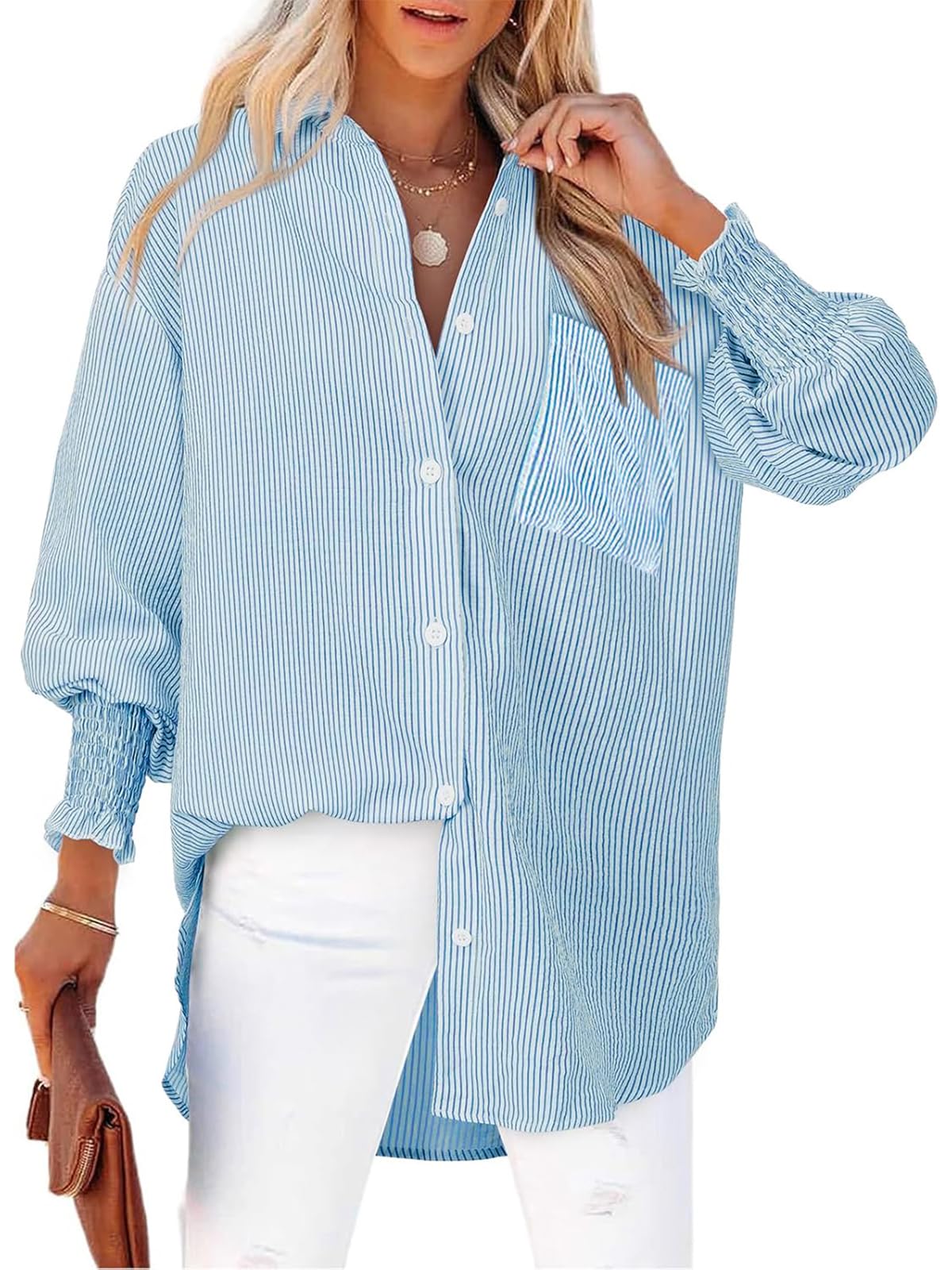 NILOINE Womens Striped Button Down Shirts Smocked Cuffed Blouse Long Sleeve Casual Collar Oversized Shirt Tops with Pocket