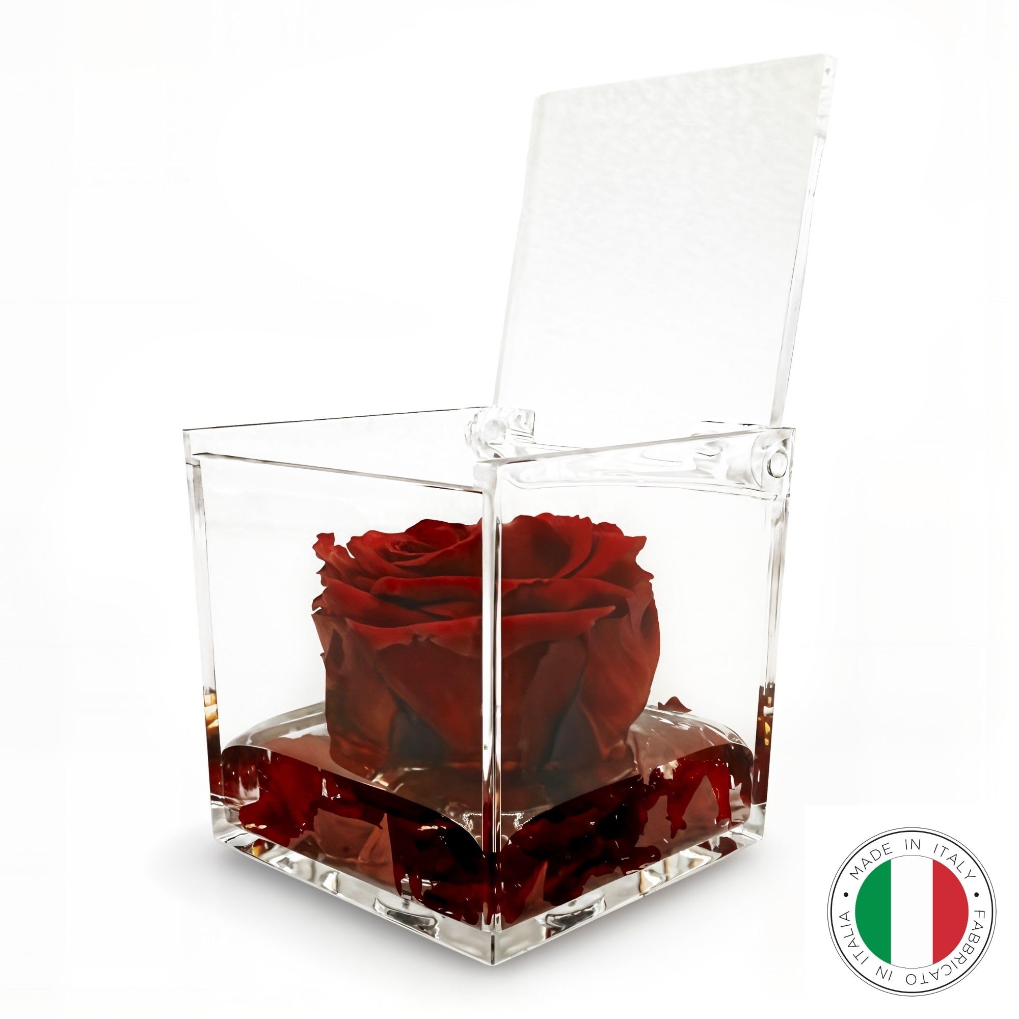 Rosa Stabilizzata Profumata con Petali in gel in Cubo Trasparente - Confezione Regalo Elegante - Durata 5-7 anni - Made in Italy - 5x5 cm (Rosso)